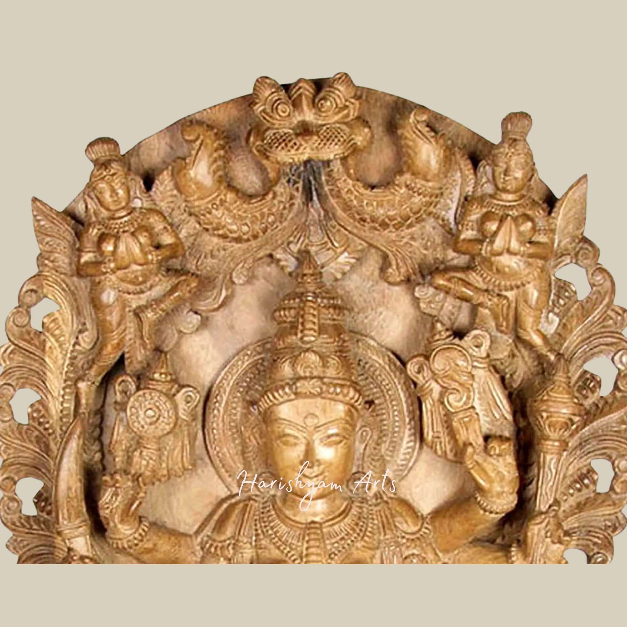 38" Goddess Durga with Vidyadharas and Kirtimukha Exquisite Wooden Durga Idol for Living Room1