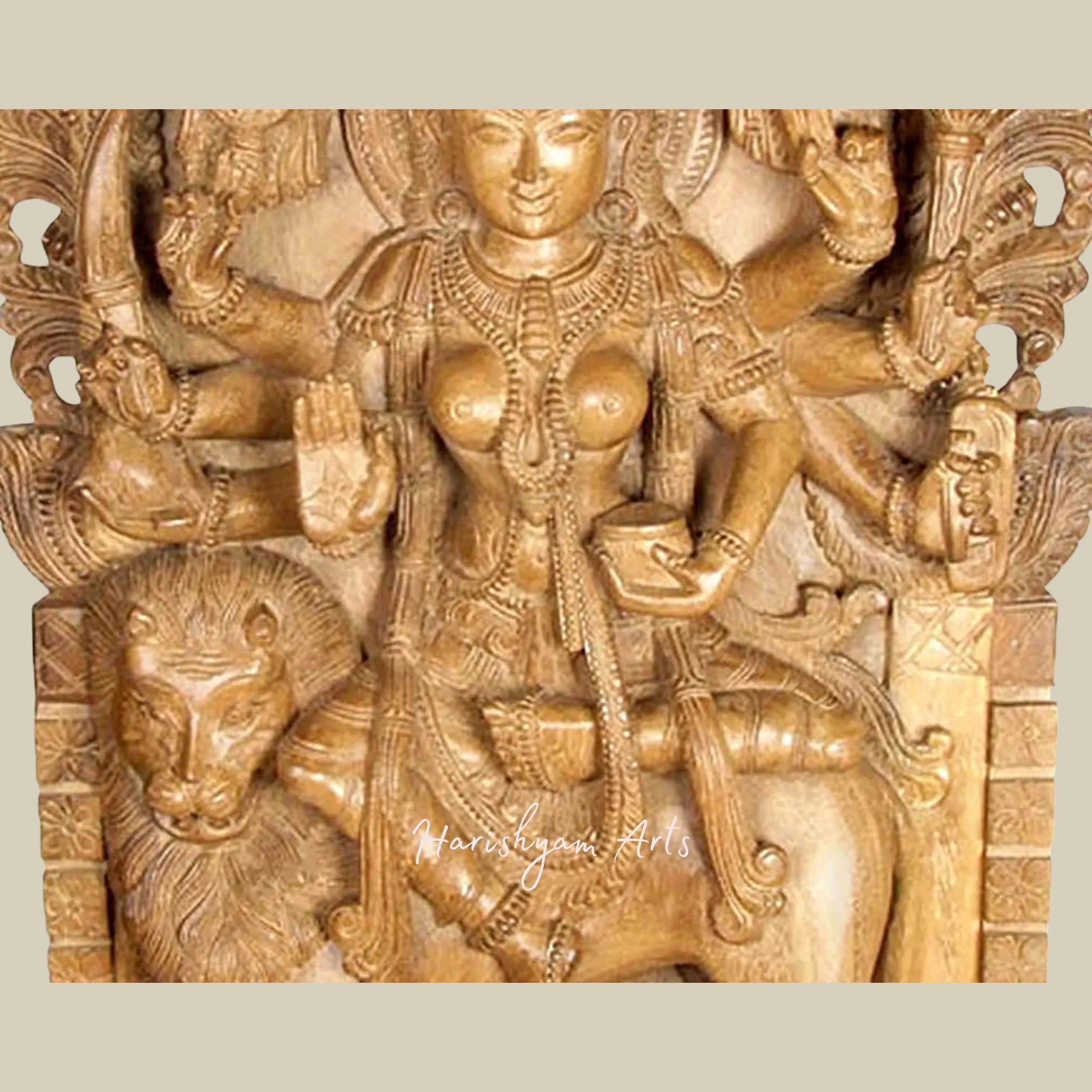 38" Goddess Durga with Vidyadharas and Kirtimukha Exquisite Wooden Durga Idol for Living Room2