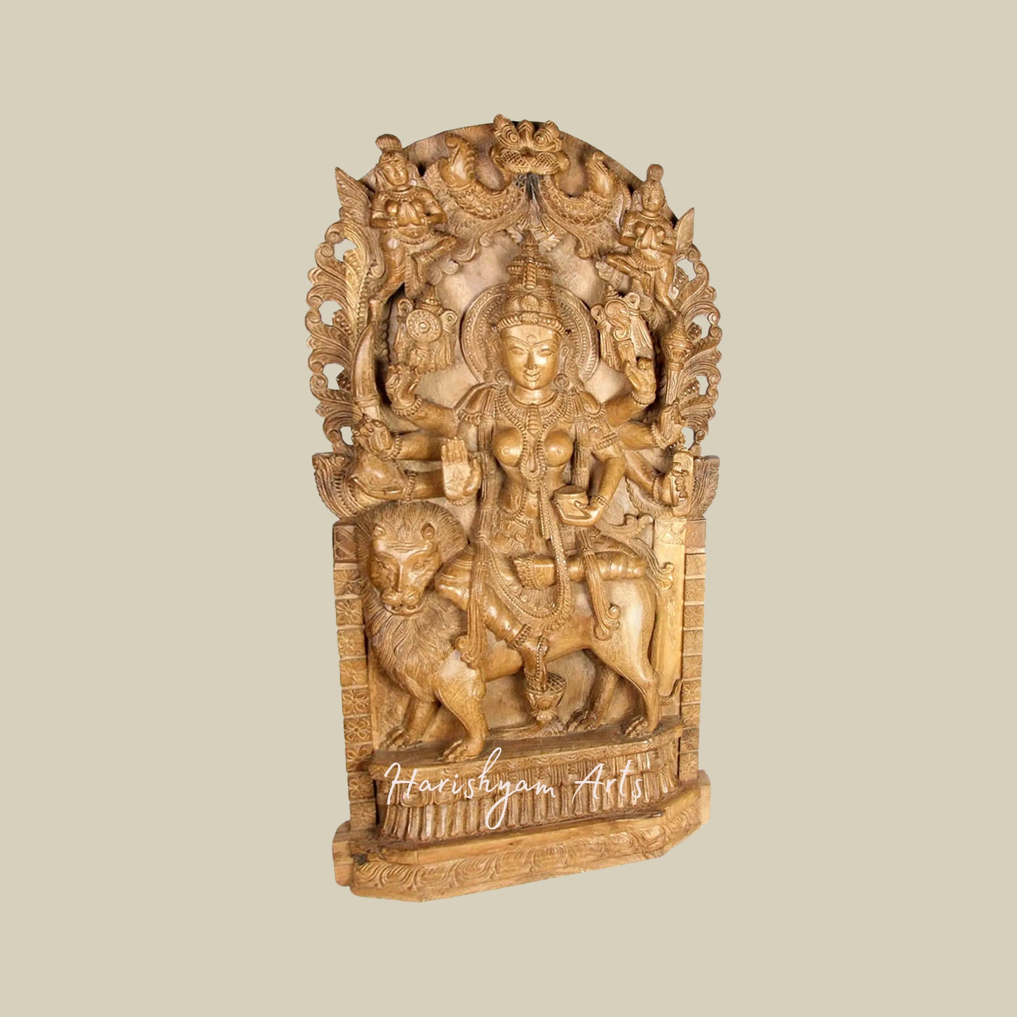 38" Goddess Durga with Vidyadharas and Kirtimukha Exquisite Wooden Durga Idol for Living Room4