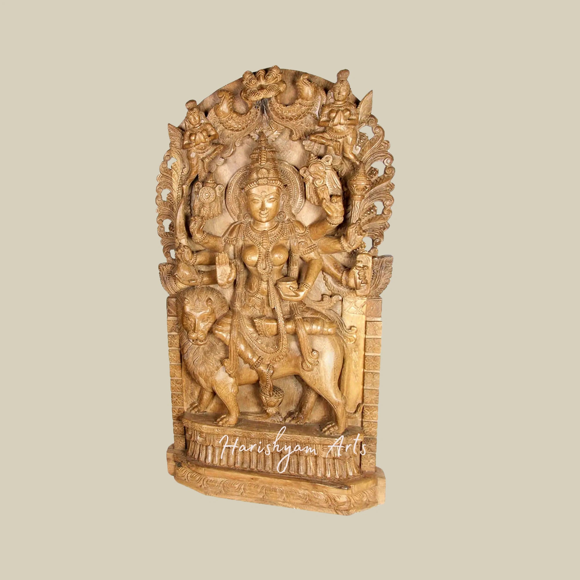 38" Goddess Durga with Vidyadharas and Kirtimukha Exquisite Wooden Durga Idol for Living Room5