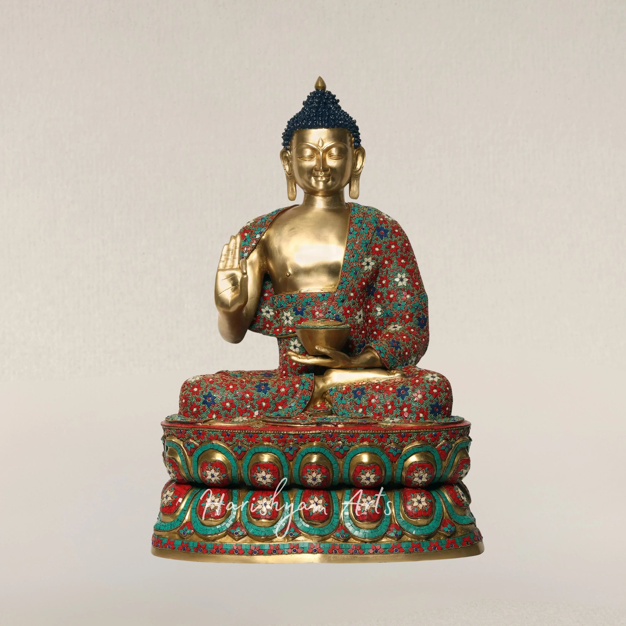 38" Large Brass Buddha Statue in Vitarka Mudra with Traditional Inlay Artwork