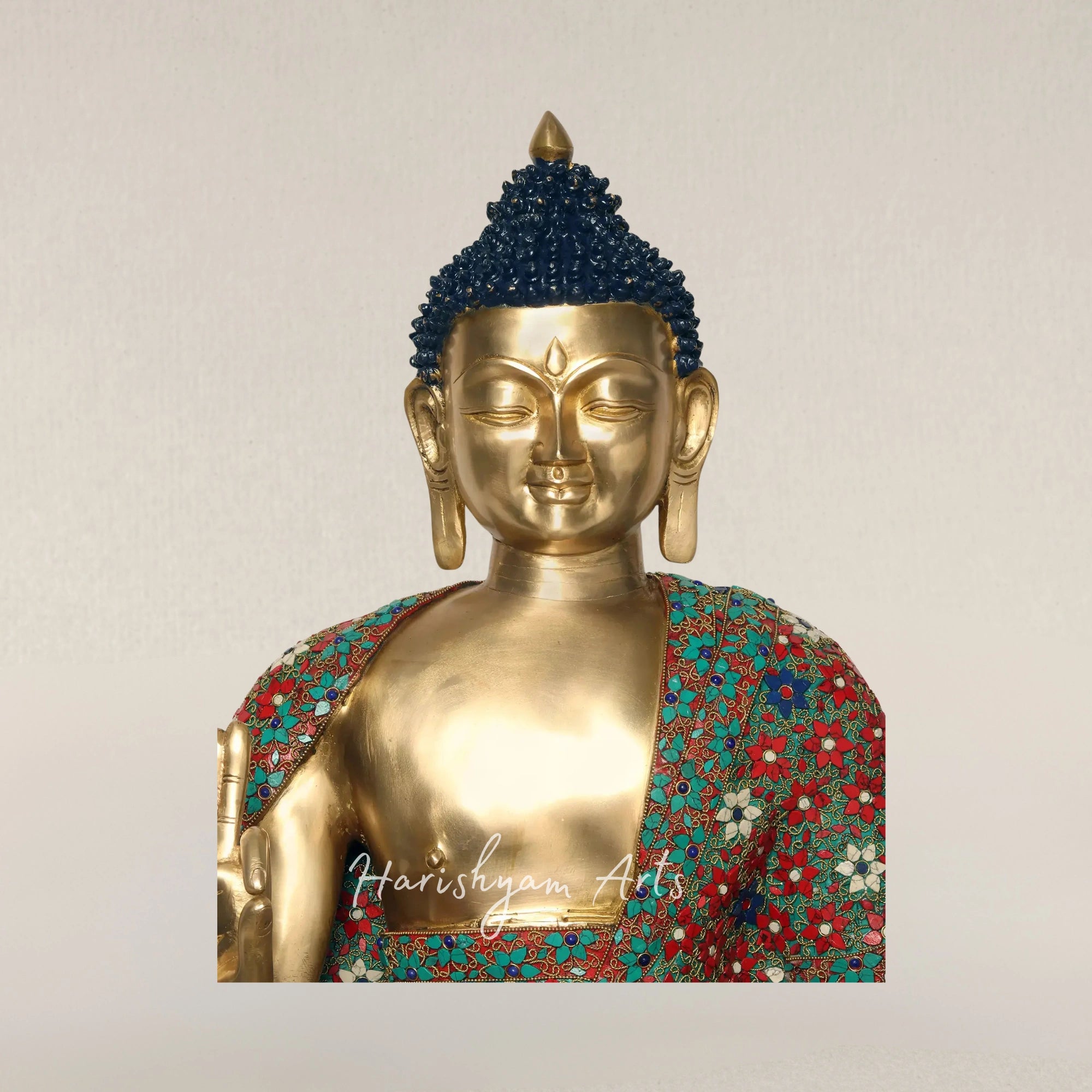 38" Large Brass Buddha Statue in Vitarka Mudra with Traditional Inlay Artwork