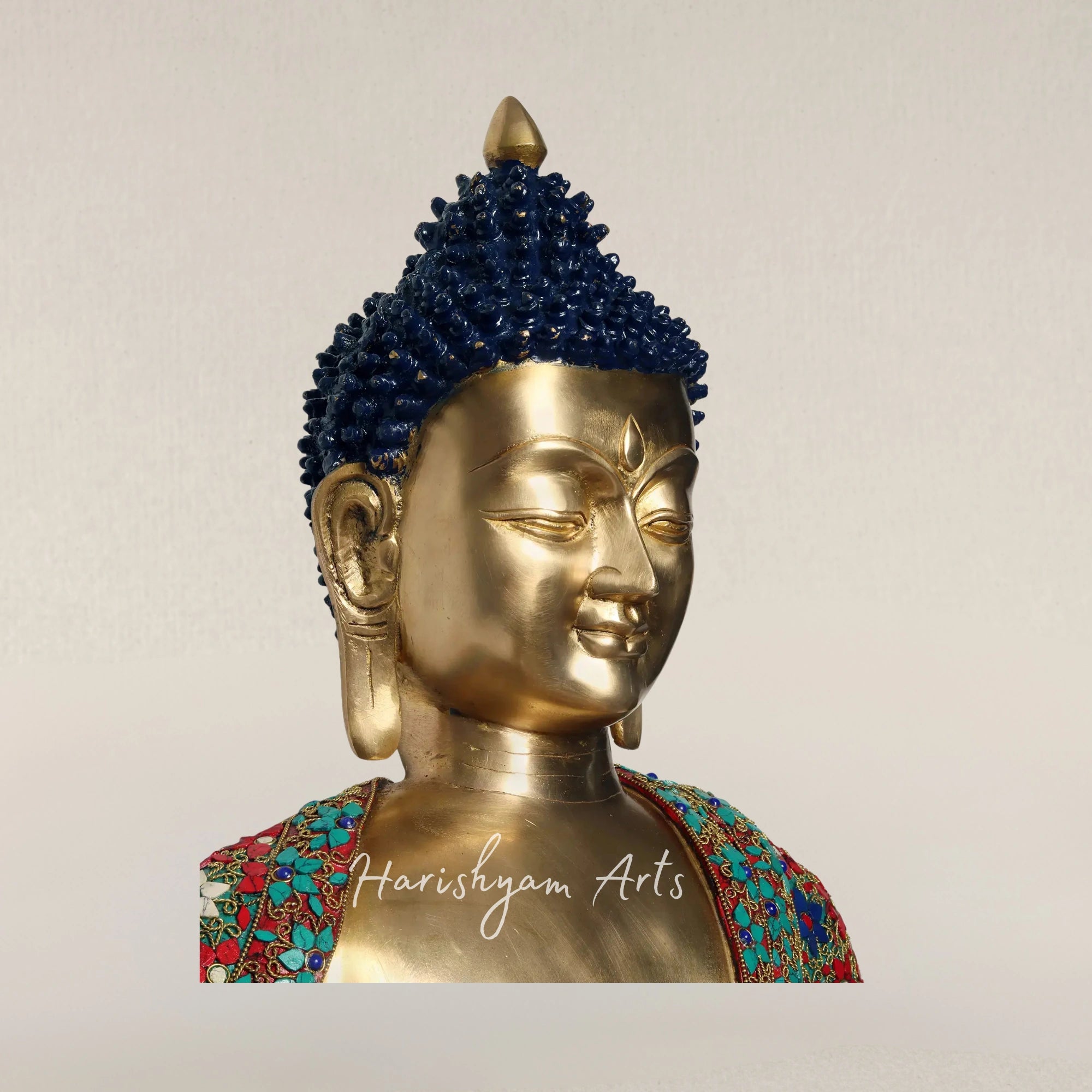 38" Large Brass Buddha Statue in Vitarka Mudra with Traditional Inlay Artwork