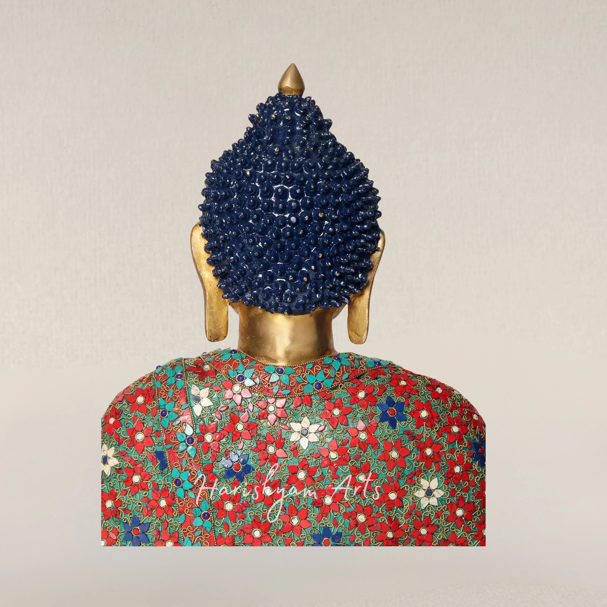 38" Large Brass Buddha Statue in Vitarka Mudra with Traditional Inlay Artwork