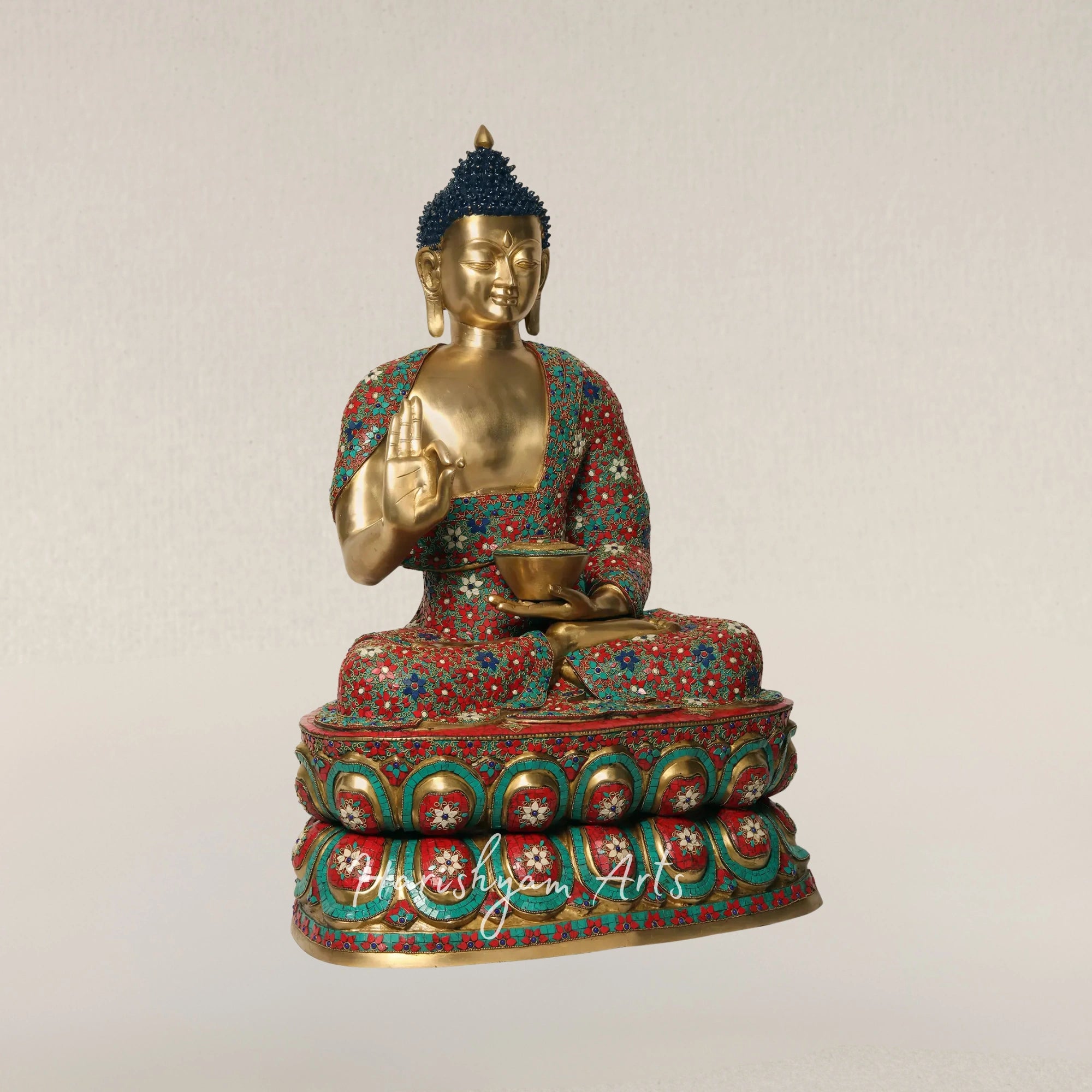 38" Large Brass Buddha Statue in Vitarka Mudra with Traditional Inlay Artwork