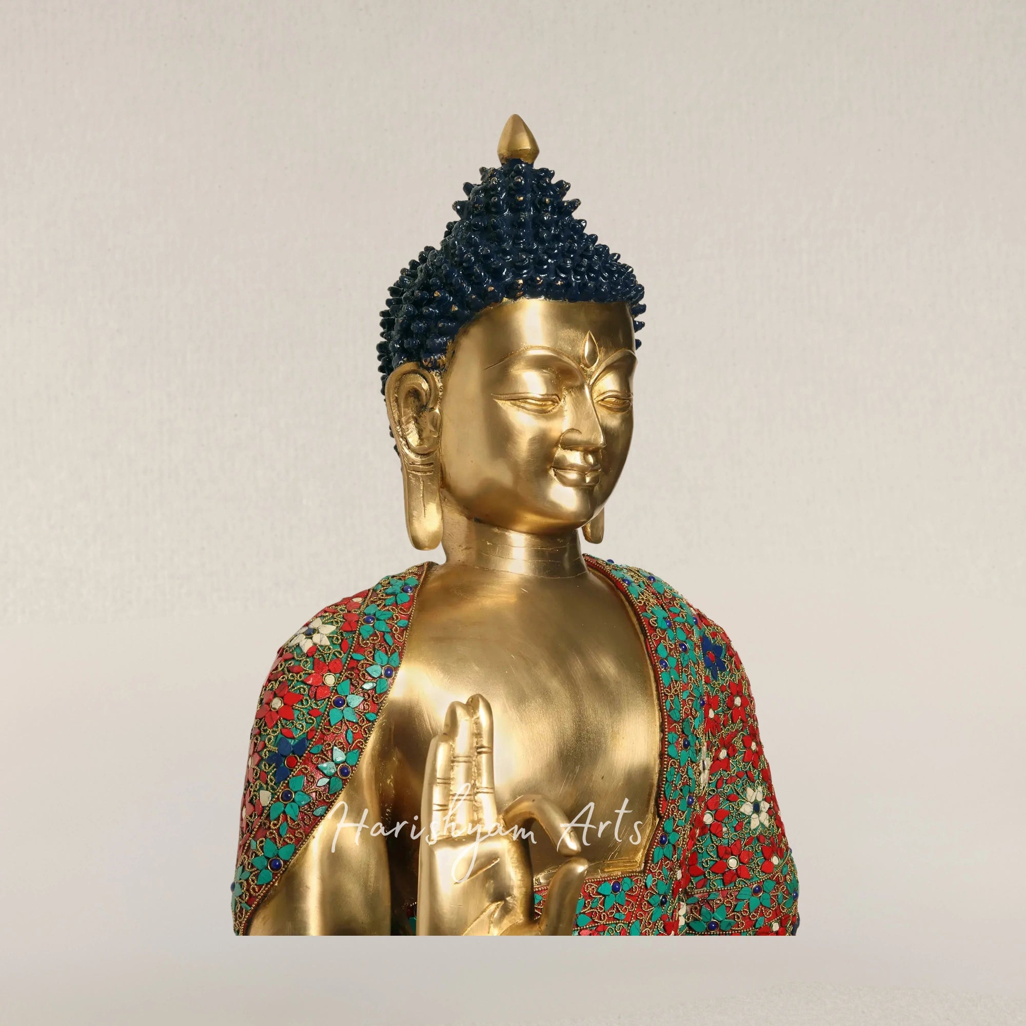 38" Large Brass Buddha Statue in Vitarka Mudra with Traditional Inlay Artwork