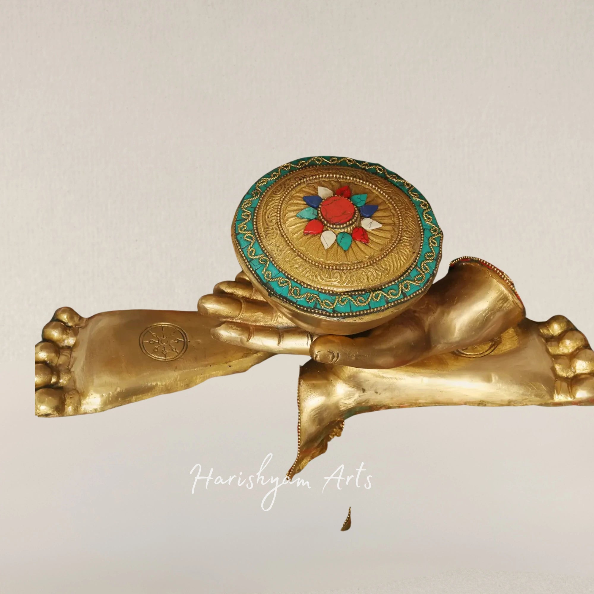 38" Large Brass Buddha Statue in Vitarka Mudra with Traditional Inlay Artwork