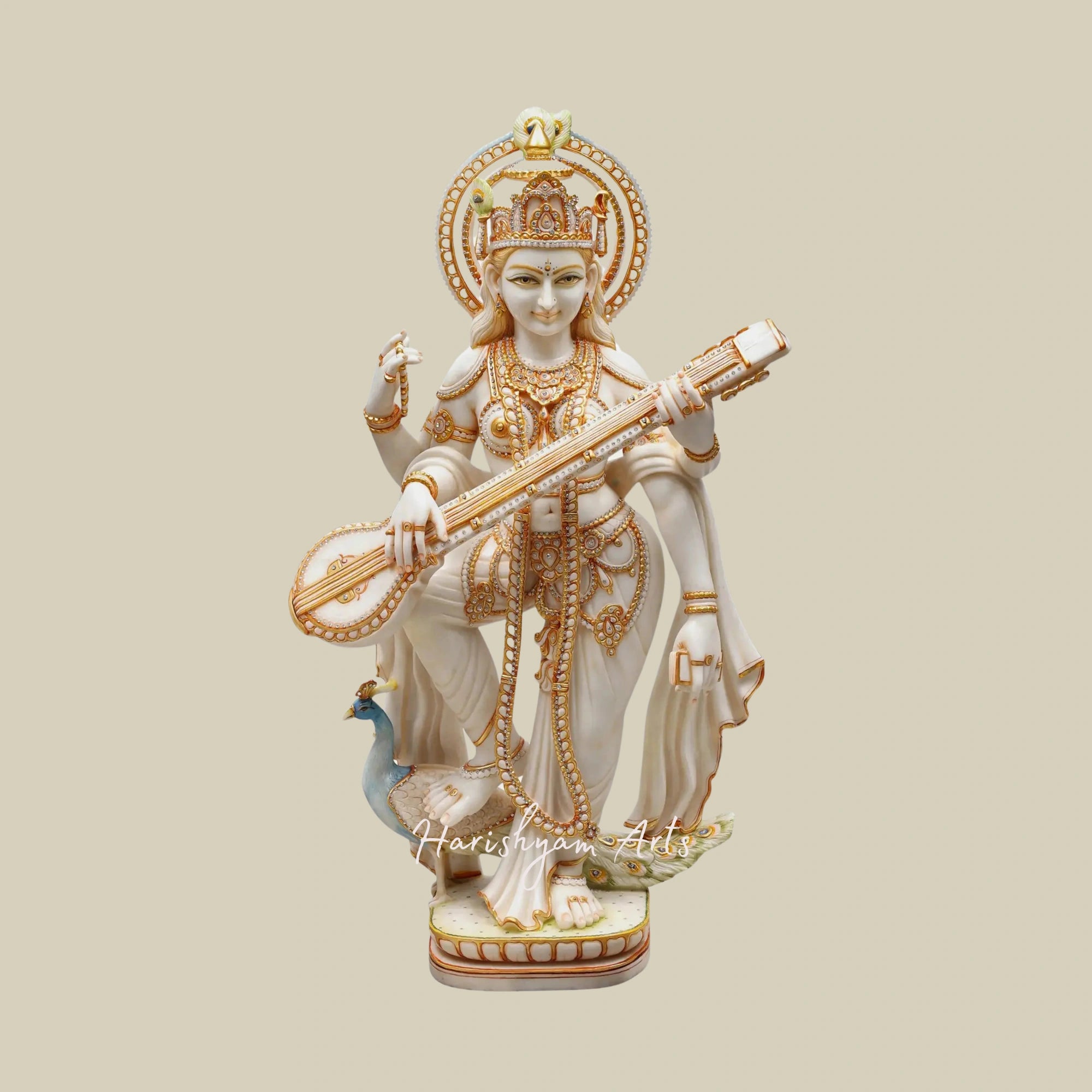 39" Gold-Embellished Saraswati on Her Vahana Handcrafted White Marble Idol