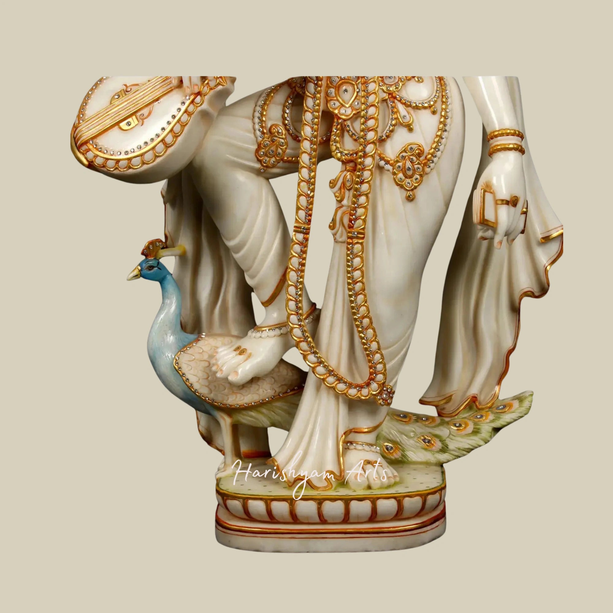 39" Gold-Embellished Saraswati on Her Vahana Handcrafted White Marble Idol