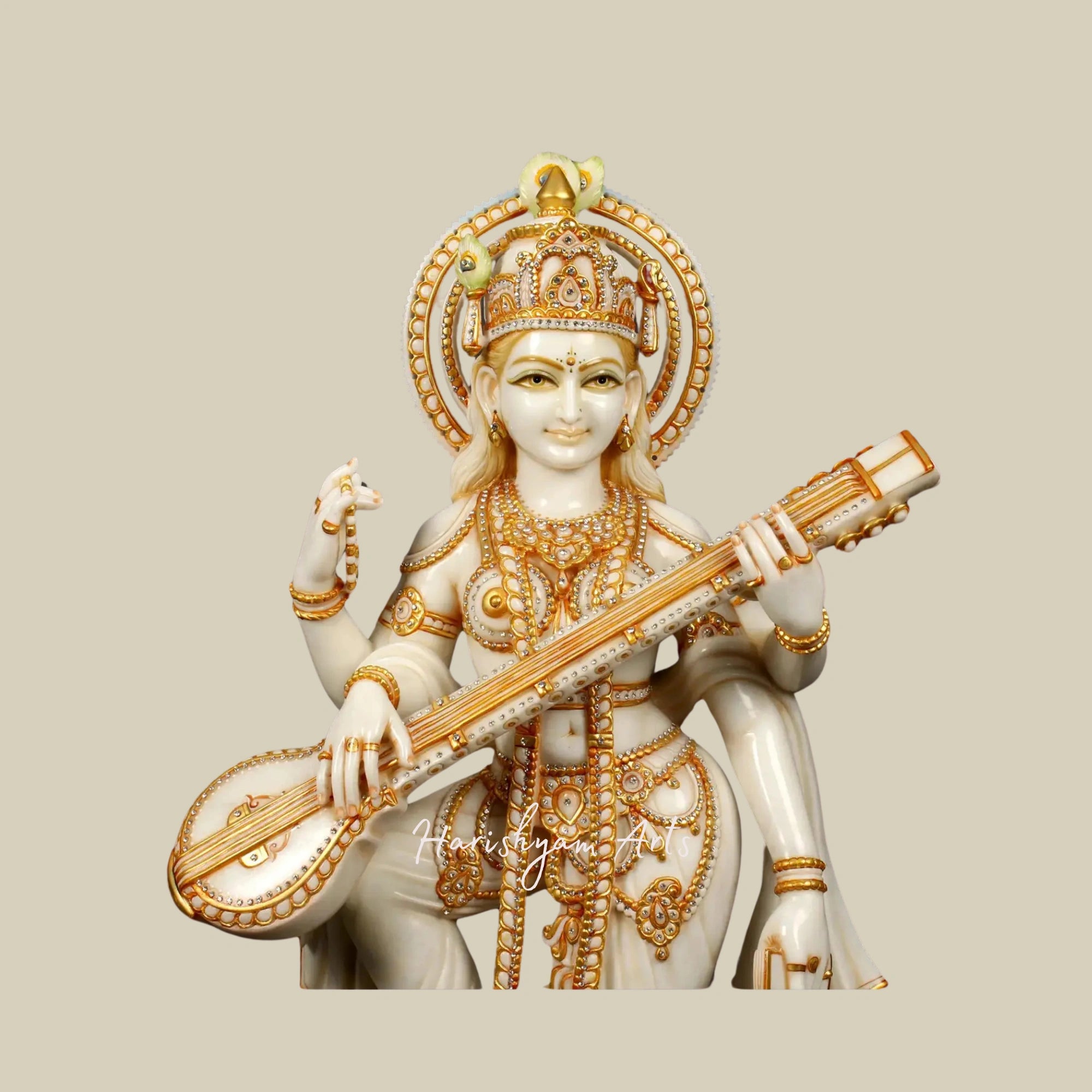 39" Gold-Embellished Saraswati on Her Vahana Handcrafted White Marble Idol