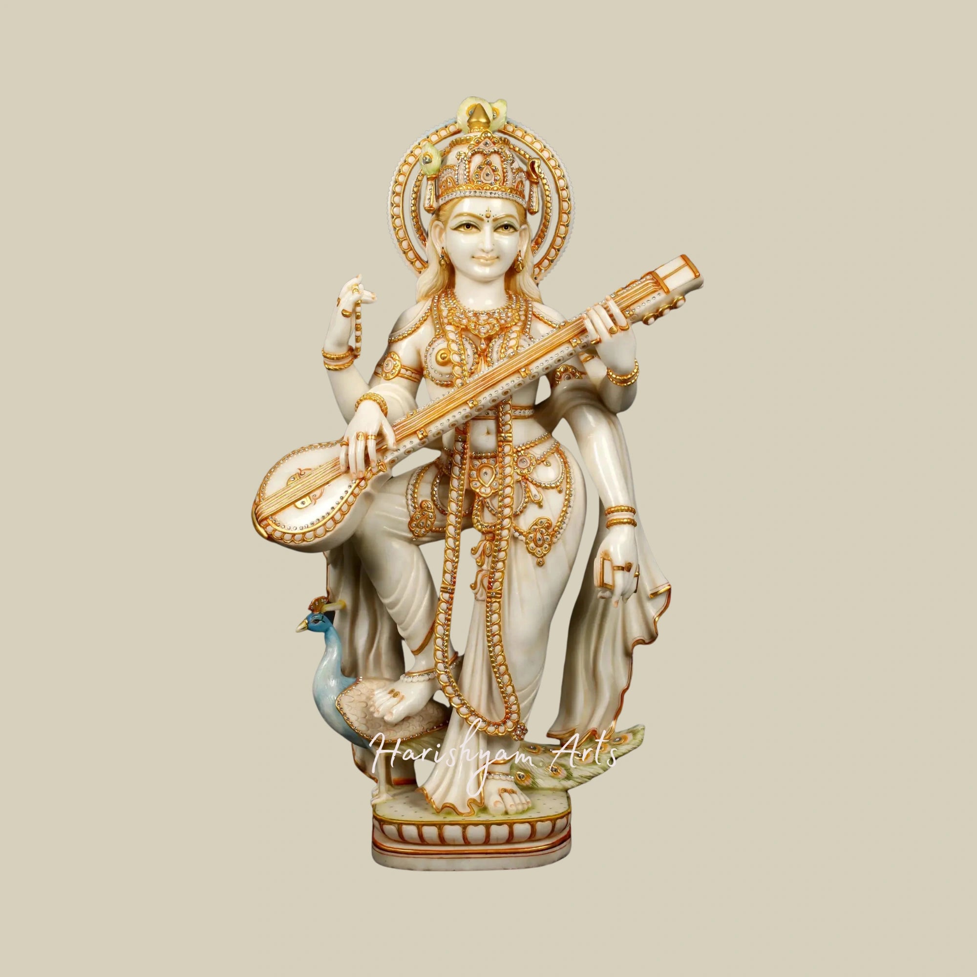 39" Gold-Embellished Saraswati on Her Vahana Handcrafted White Marble Idol