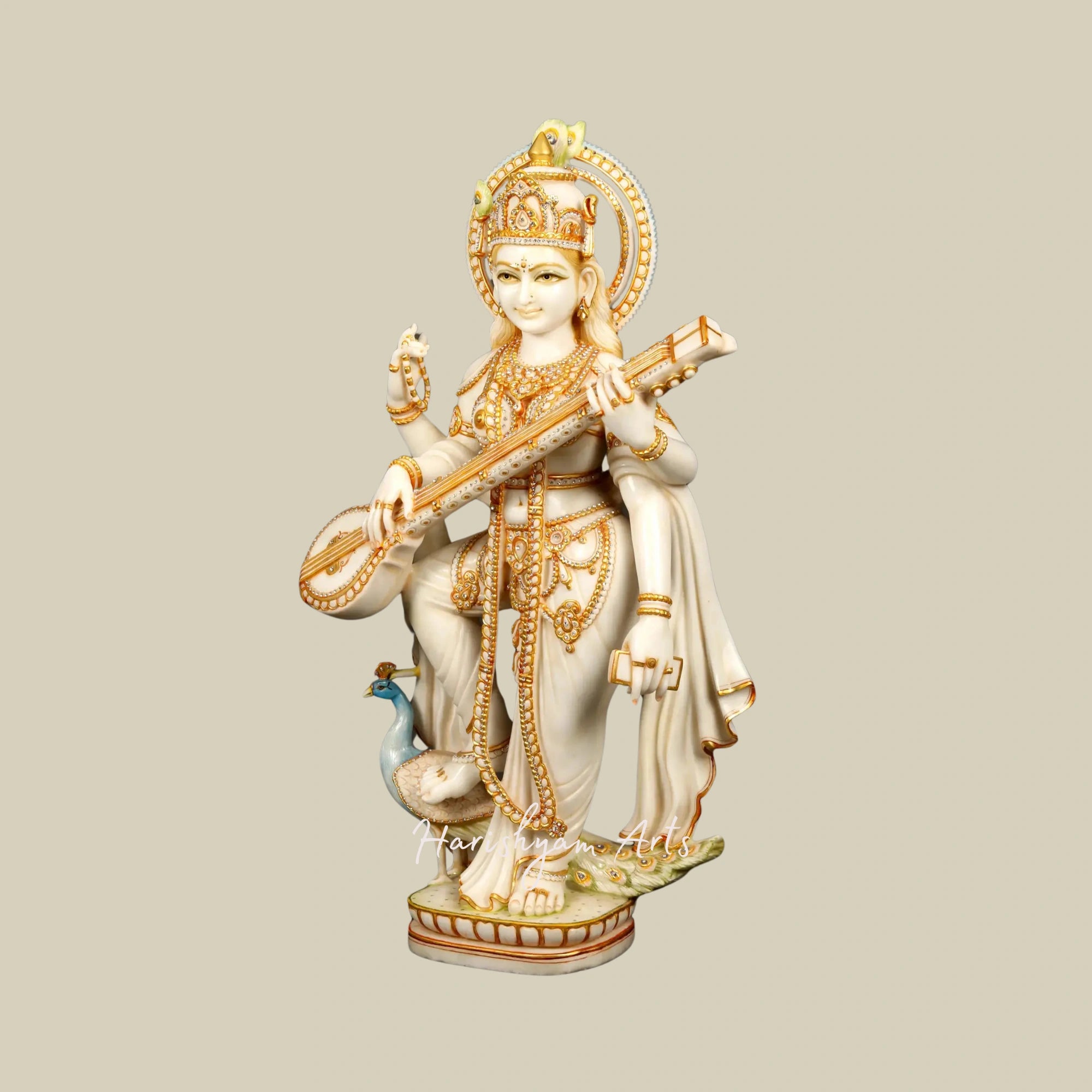 39" Gold-Embellished Saraswati on Her Vahana Handcrafted White Marble Idol6