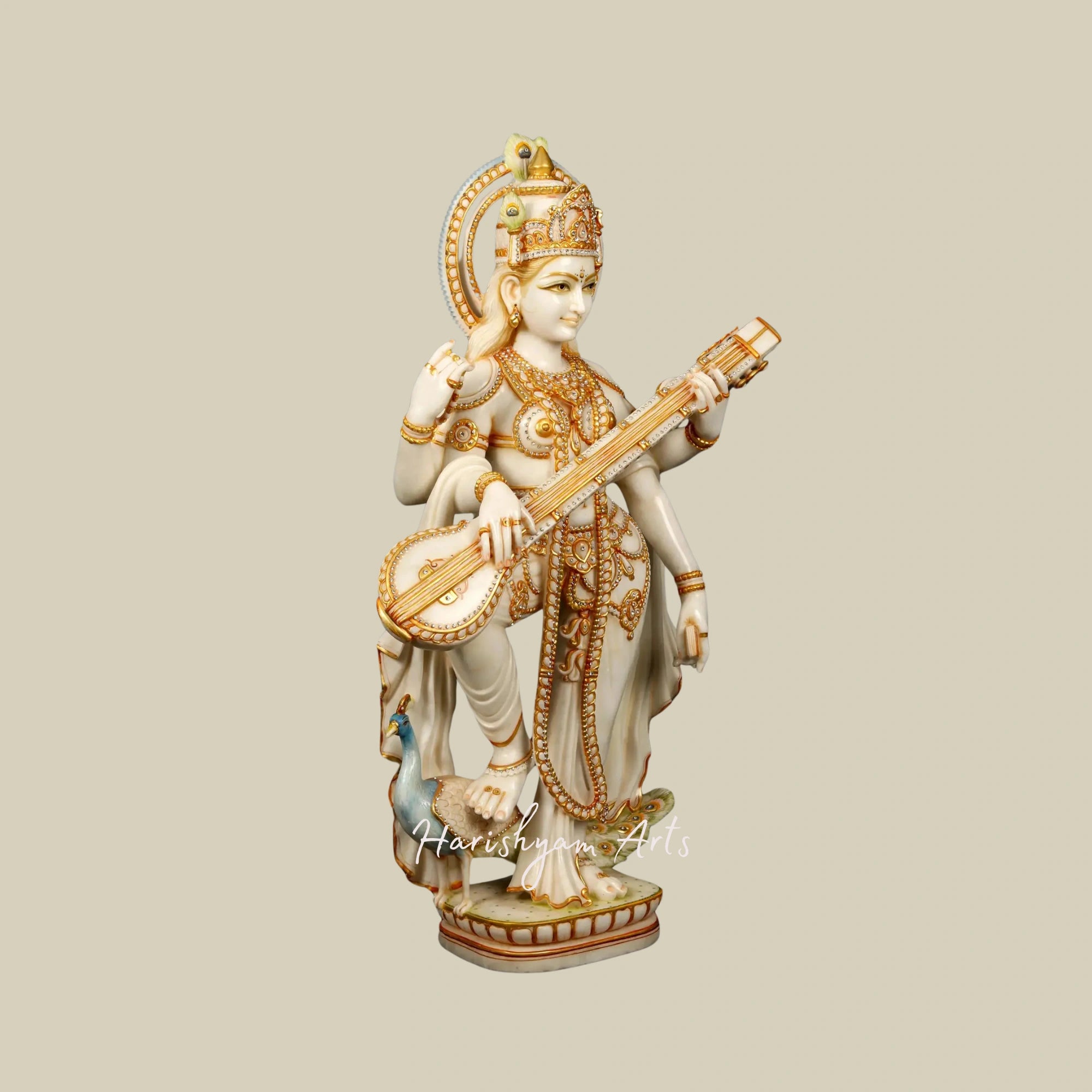 39" Gold-Embellished Saraswati on Her Vahana Handcrafted White Marble Idol