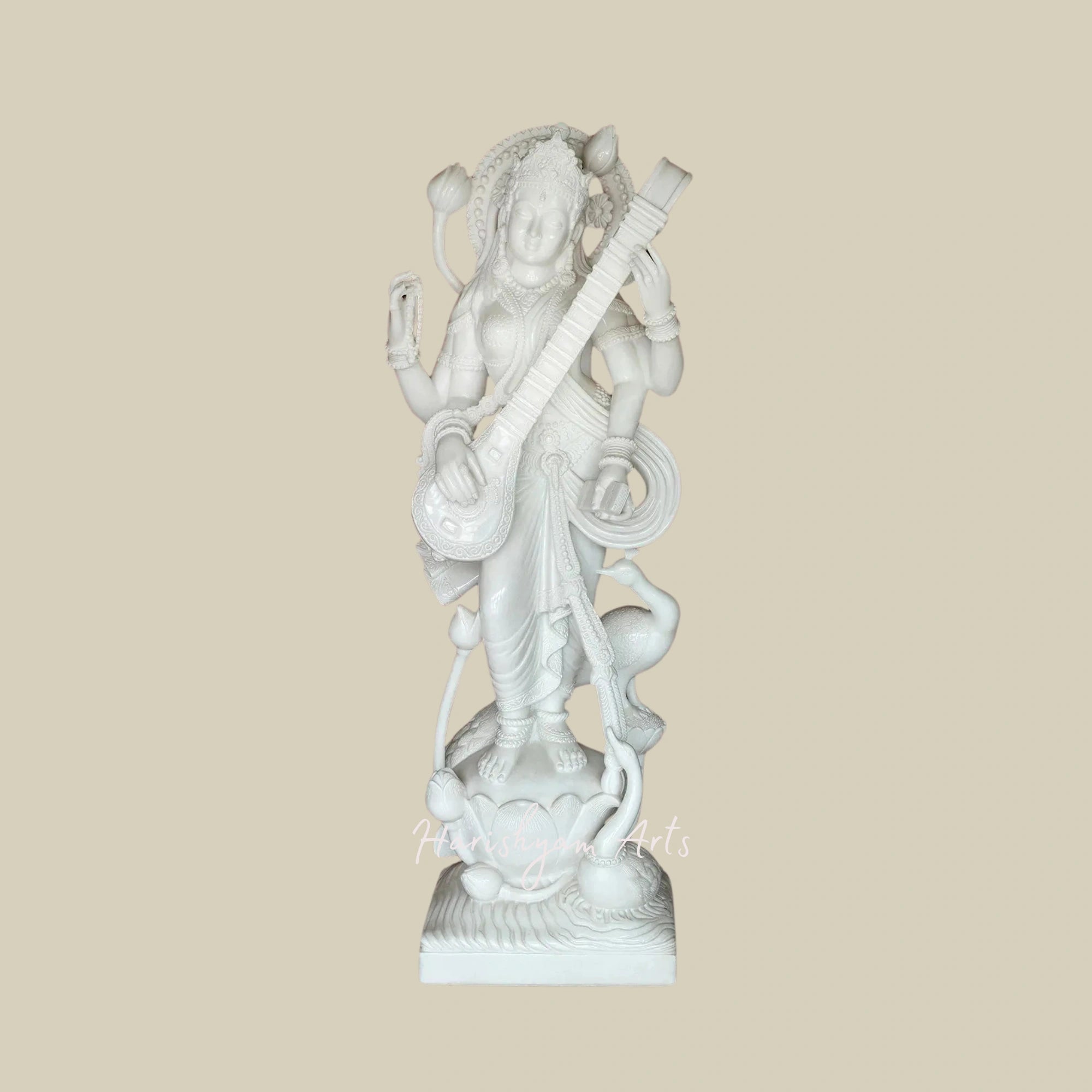 39" Large Saraswati Marble Statue Seated Gracefully on Lotus