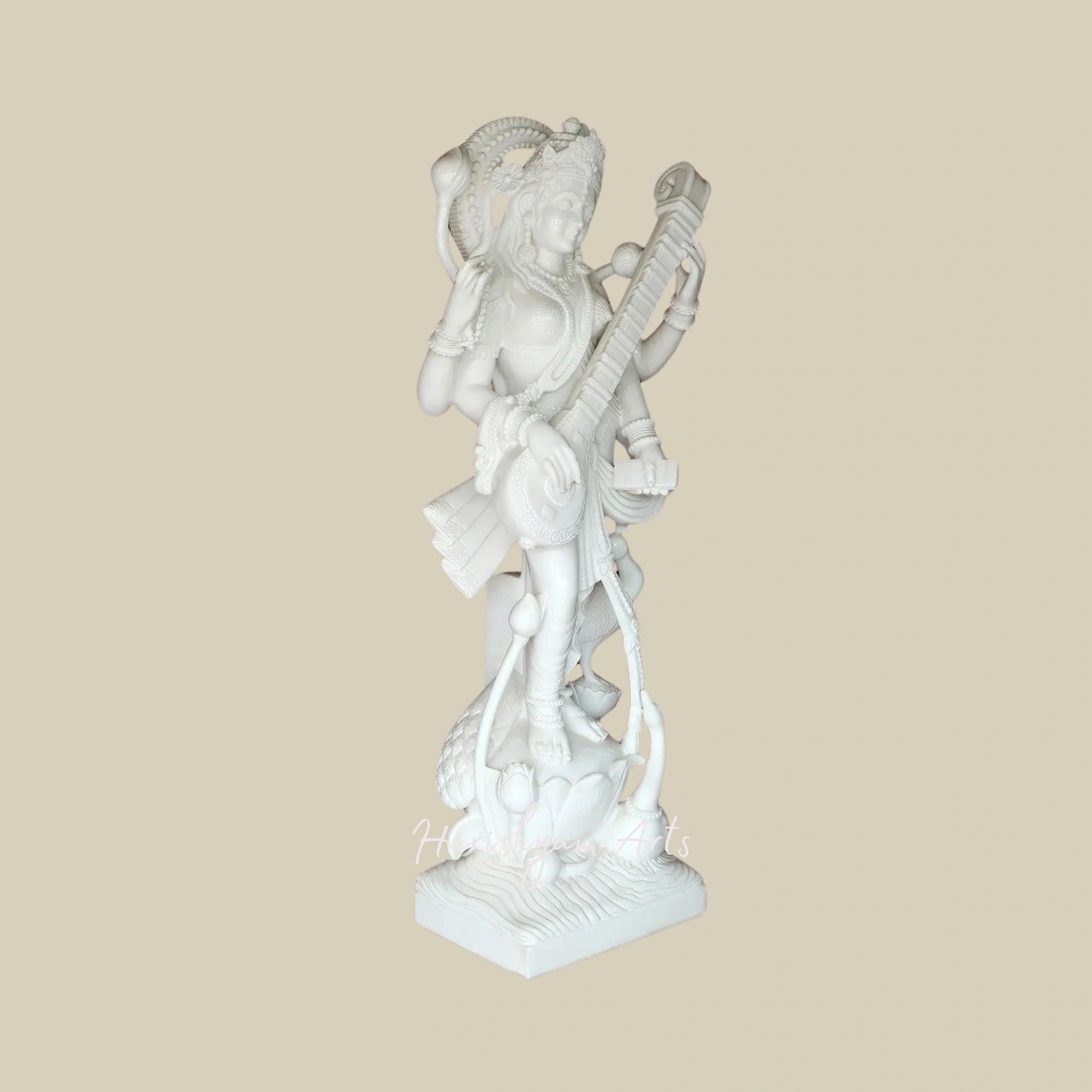 39" Large Saraswati Marble Statue Seated Gracefully on Lotus1