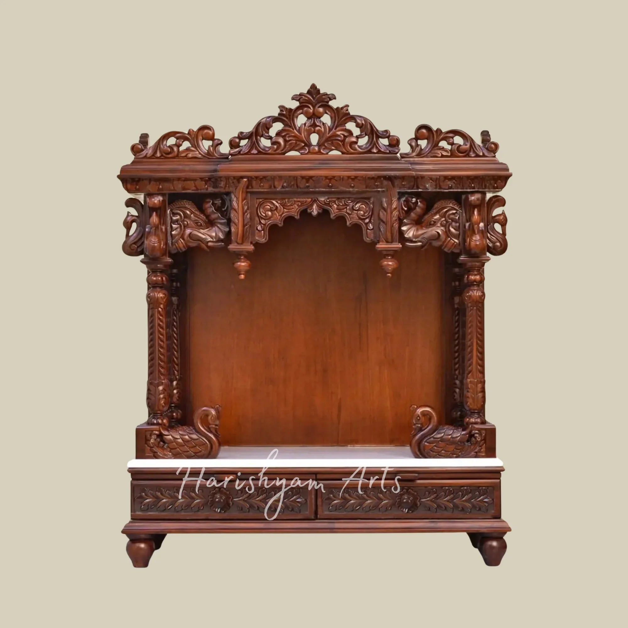 39" Premium Wooden Home Temple with Decorative Swan Motifs Floral Crown and Storage Drawers