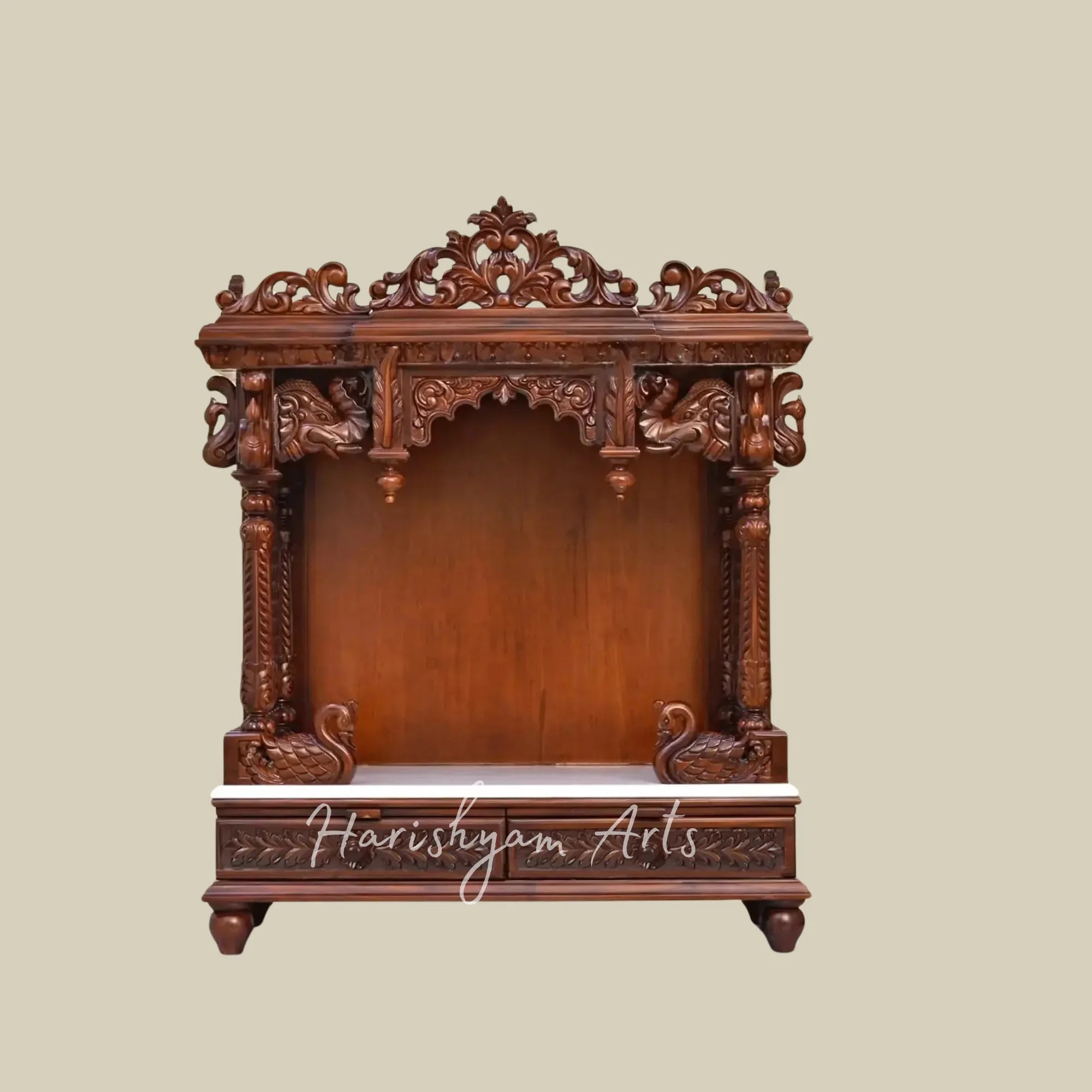 39" Premium Wooden Home Temple with Decorative Swan Motifs Floral Crown and Storage Drawers