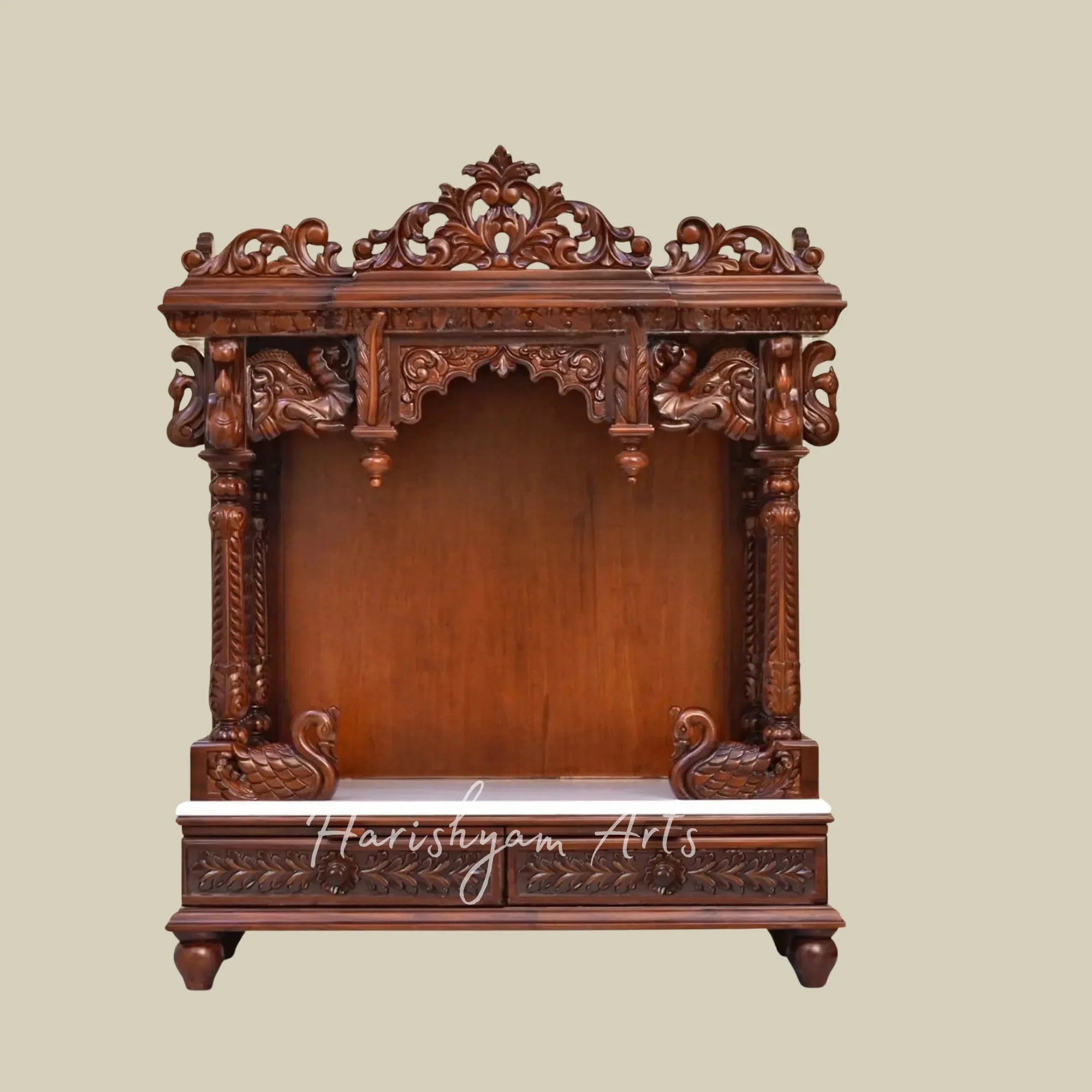 39" Premium Wooden Home Temple with Decorative Swan Motifs Floral Crown and Storage Drawers