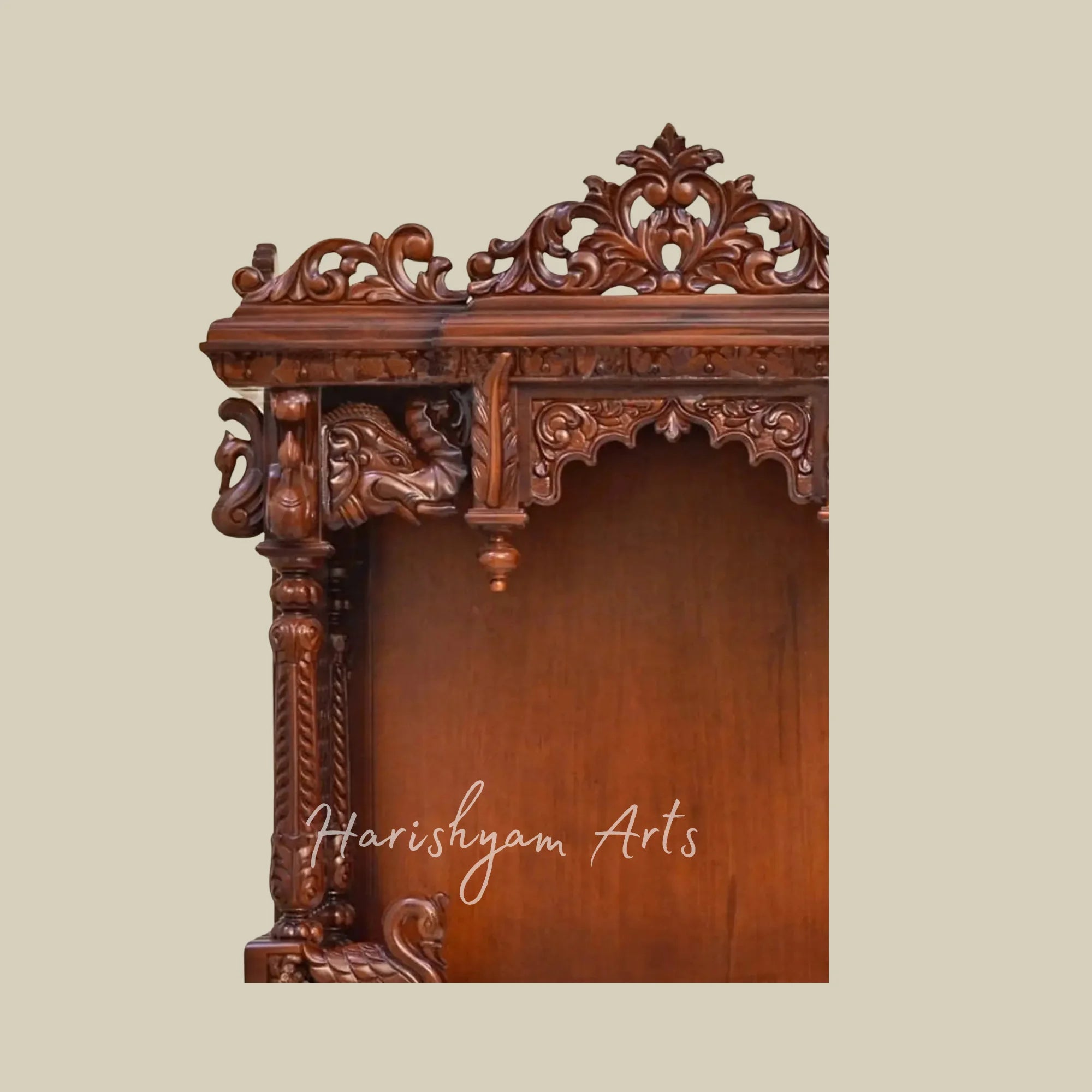 39" Premium Wooden Home Temple with Decorative Swan Motifs Floral Crown and Storage Drawers