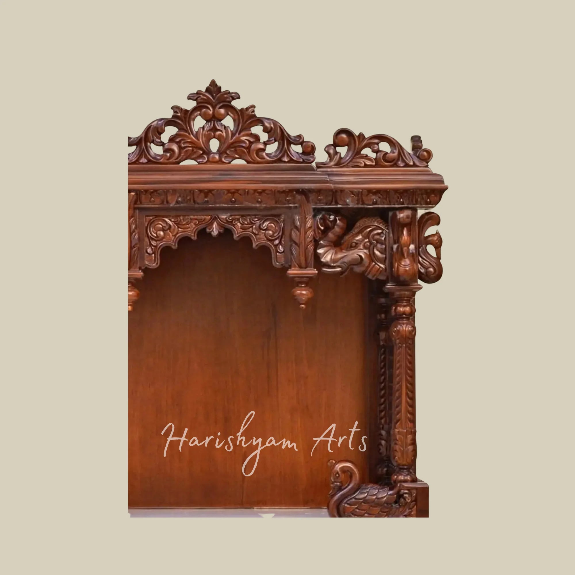 39" Premium Wooden Home Temple with Decorative Swan Motifs Floral Crown and Storage Drawers