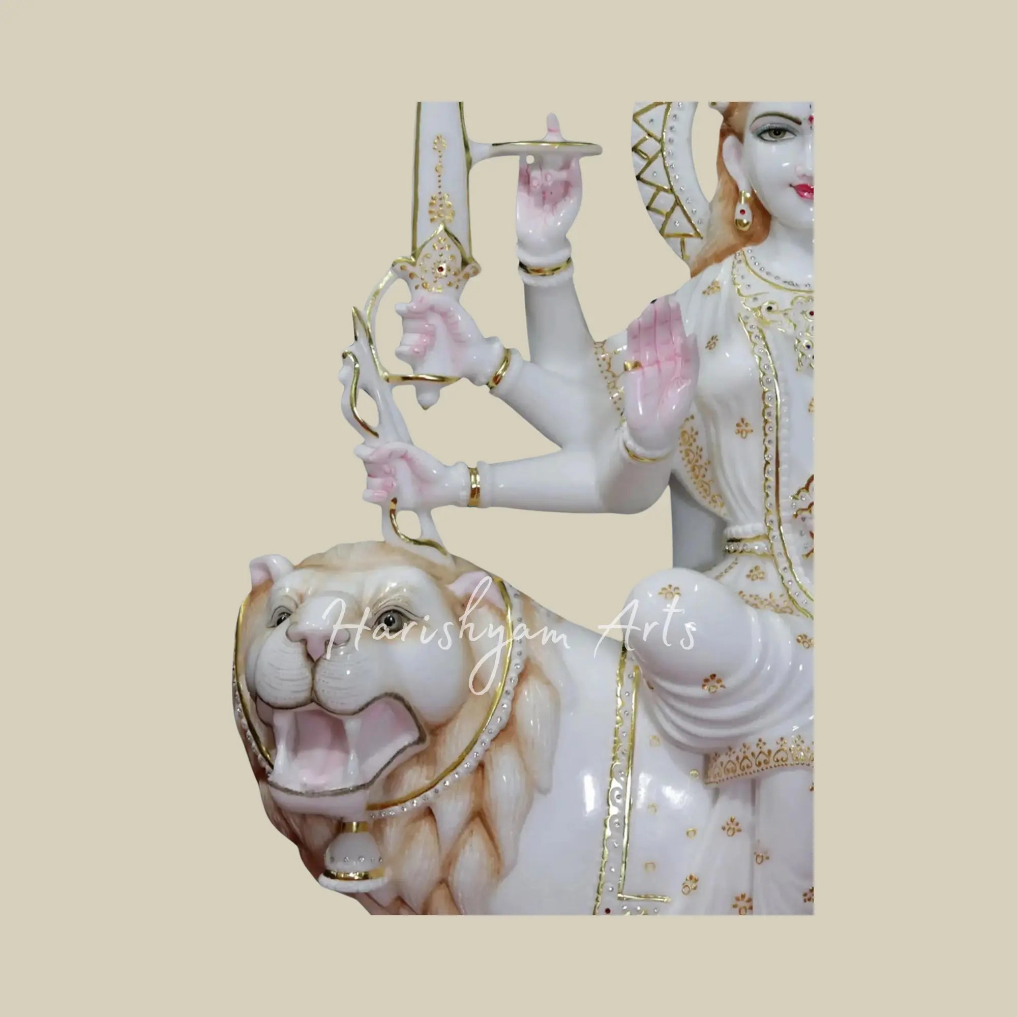 39" Large Durga Maa Durga Maa Seated on Lion White Makrana Marble Statue