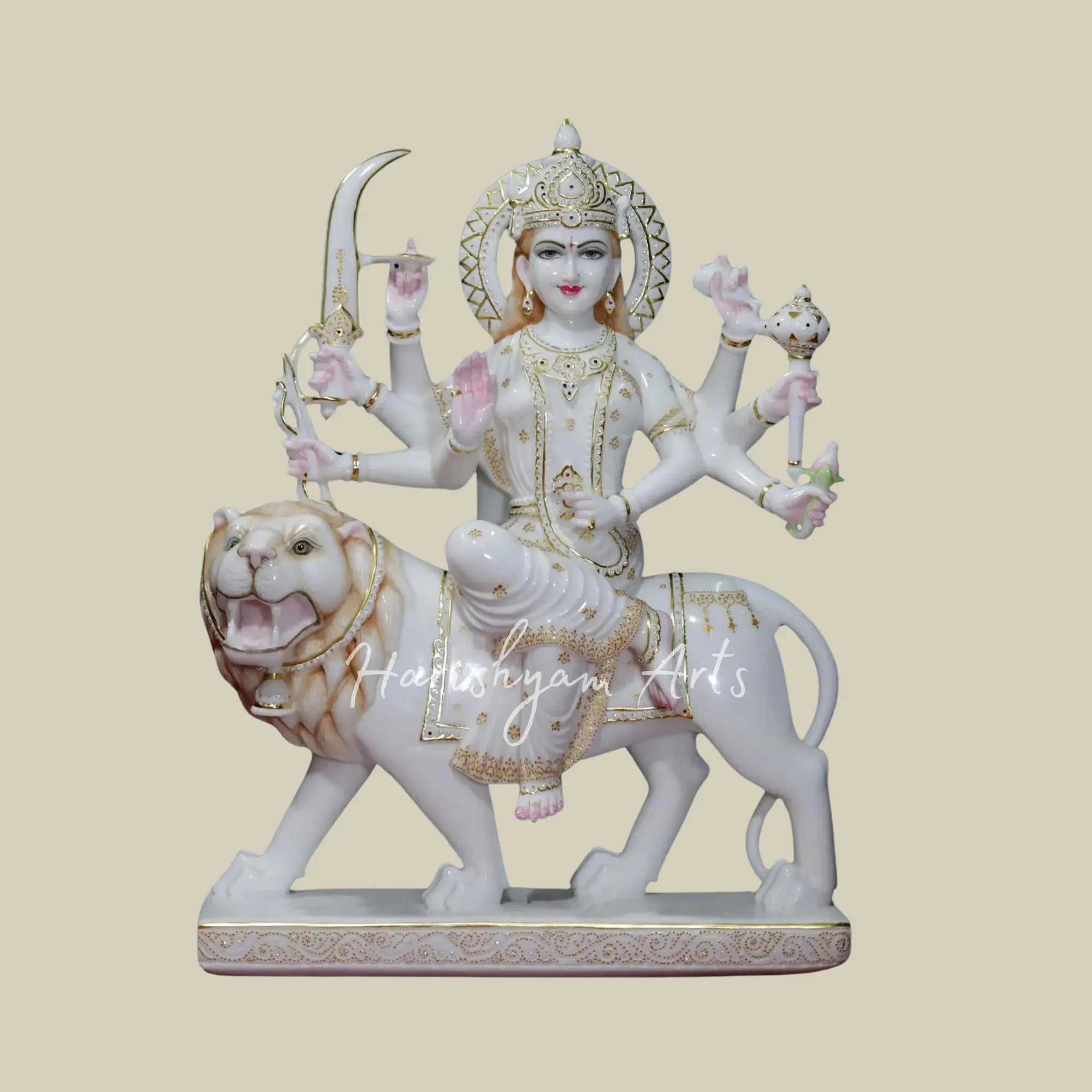 39" Large Durga Maa Durga Maa Seated on Lion White Makrana Marble Statue