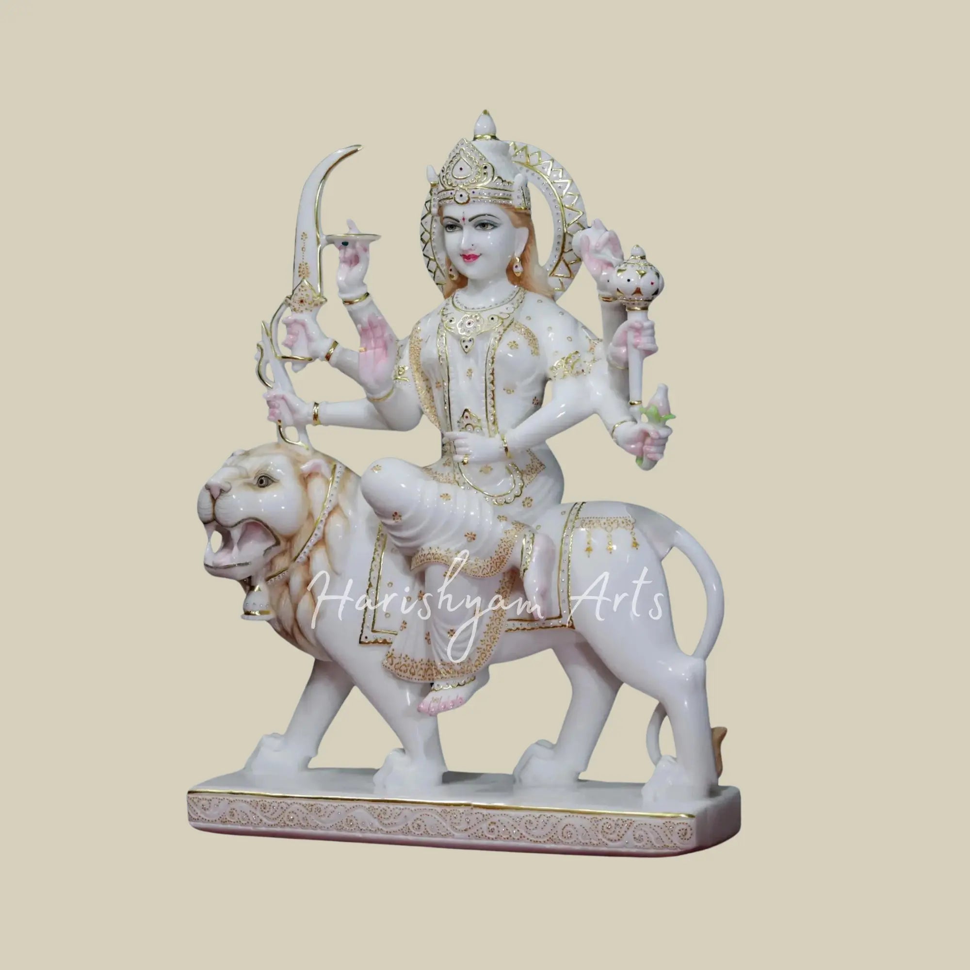 39" Large Durga Maa Durga Maa Seated on Lion White Makrana Marble Statue