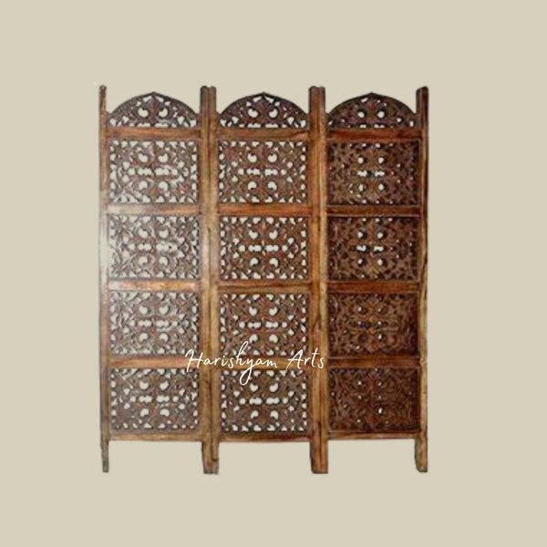 3 Panel Solid Wood Partition in Rich Brown for Living Room Interiors