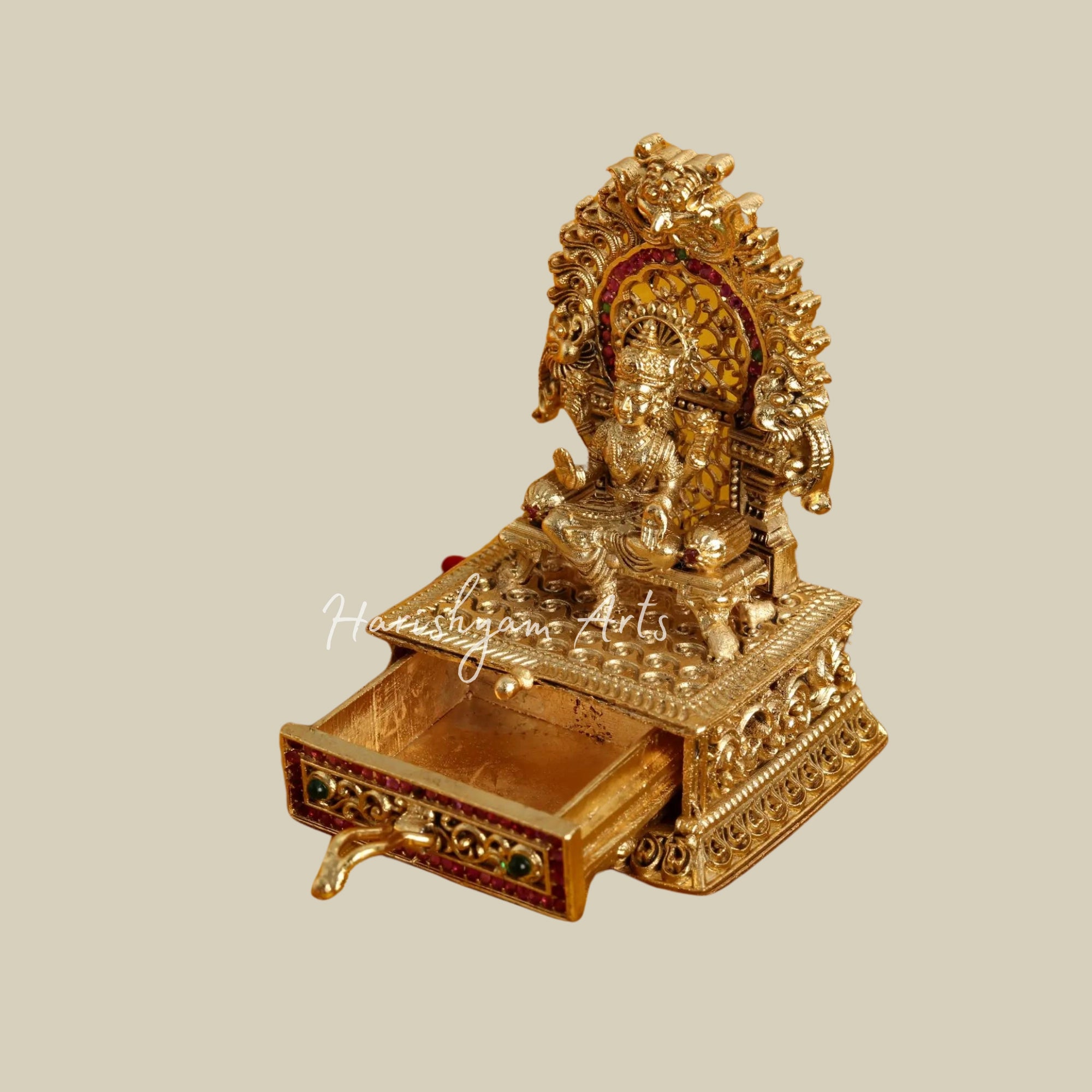 3" Brass Goddess Lakshmi On Throne Sindoor Drawer