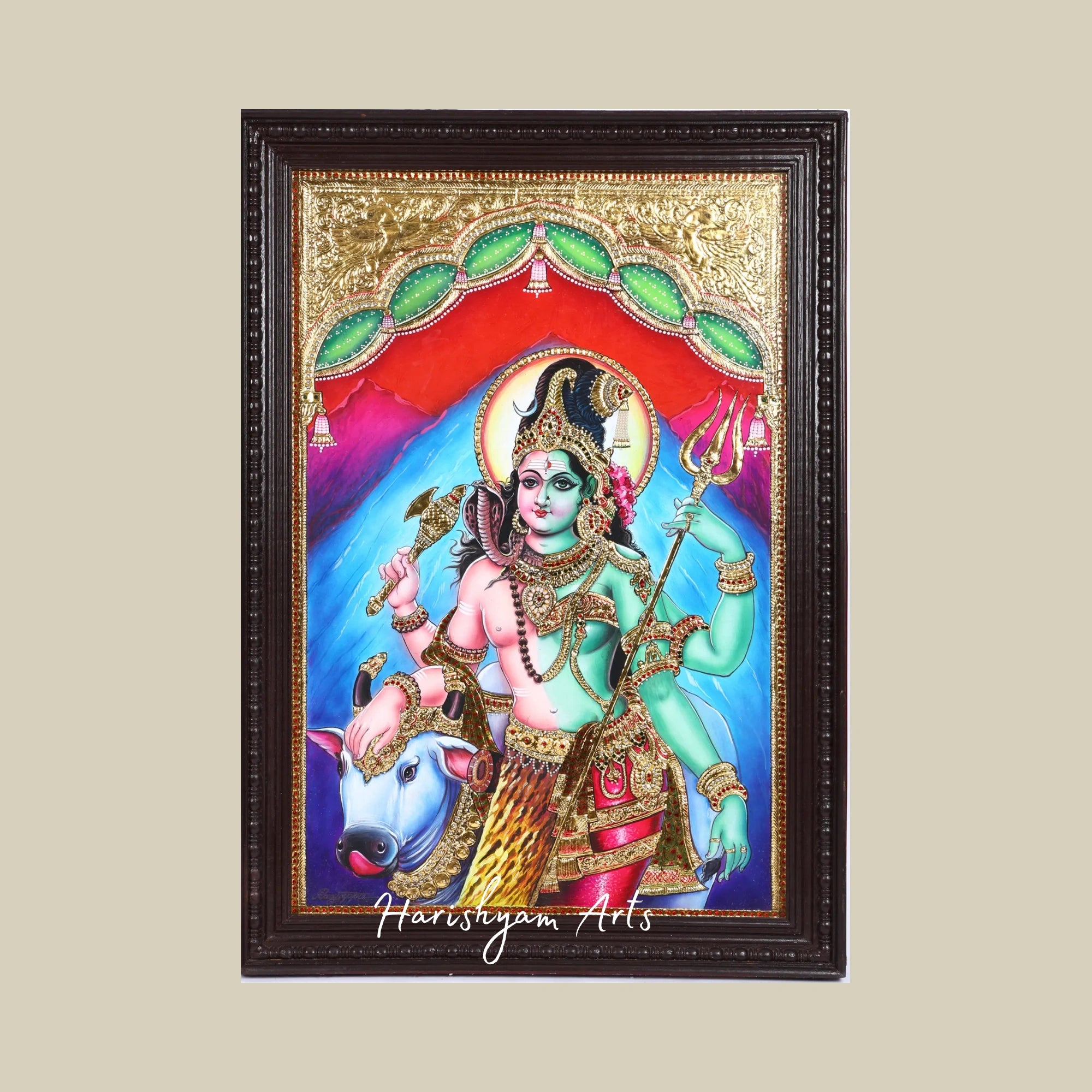 40" Ardhanarishvara Tanjore Painting with 24K Gold Work Showcasing Shiva-Shakti Unity