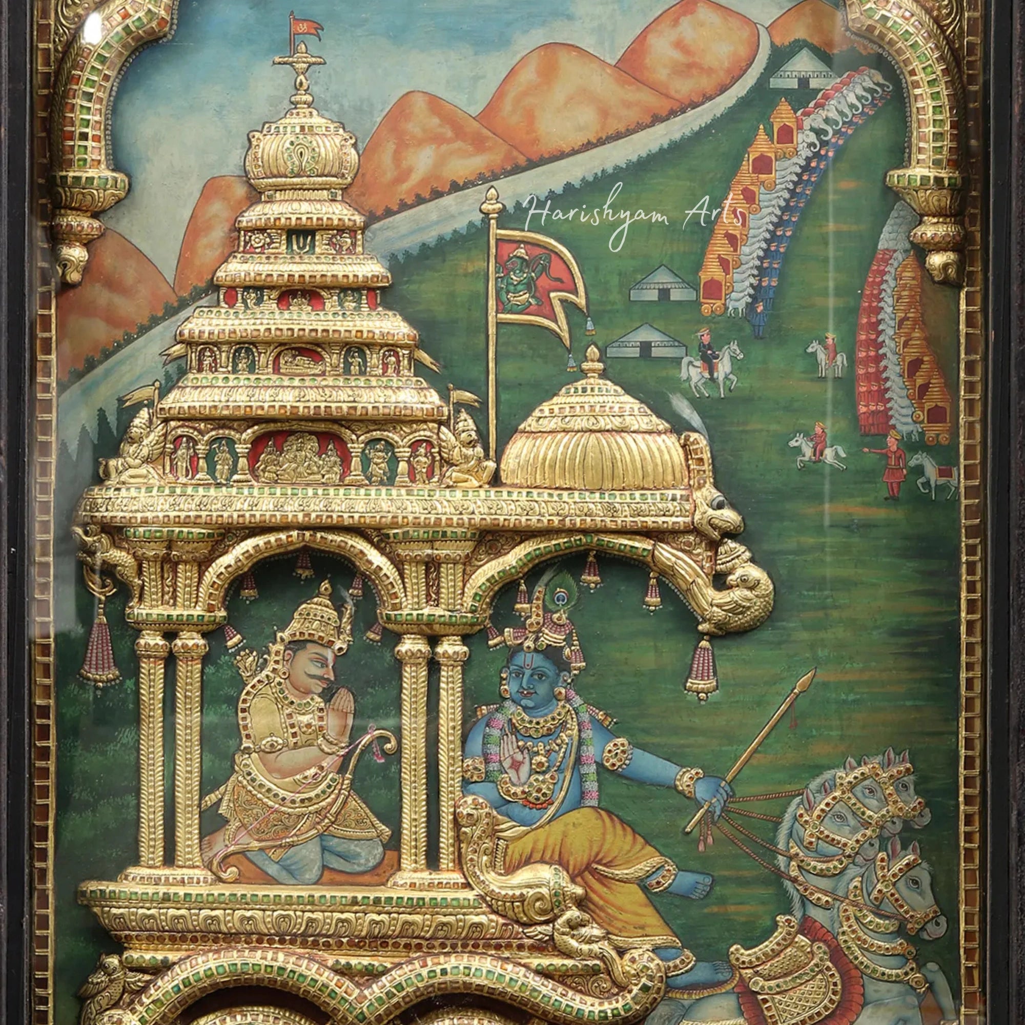 40" Geethopadesam Tanjore Painting with Embossed Detailing and Teakwood Frame