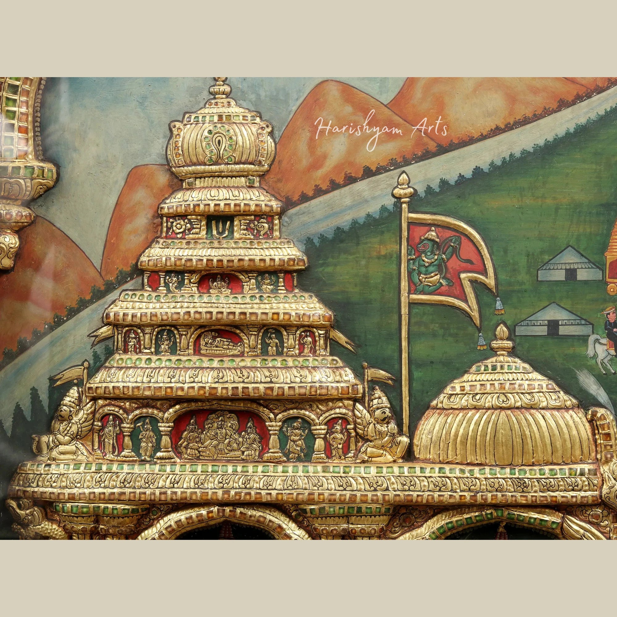 40" Geethopadesam Tanjore Painting with Embossed Detailing and Teakwood Frame