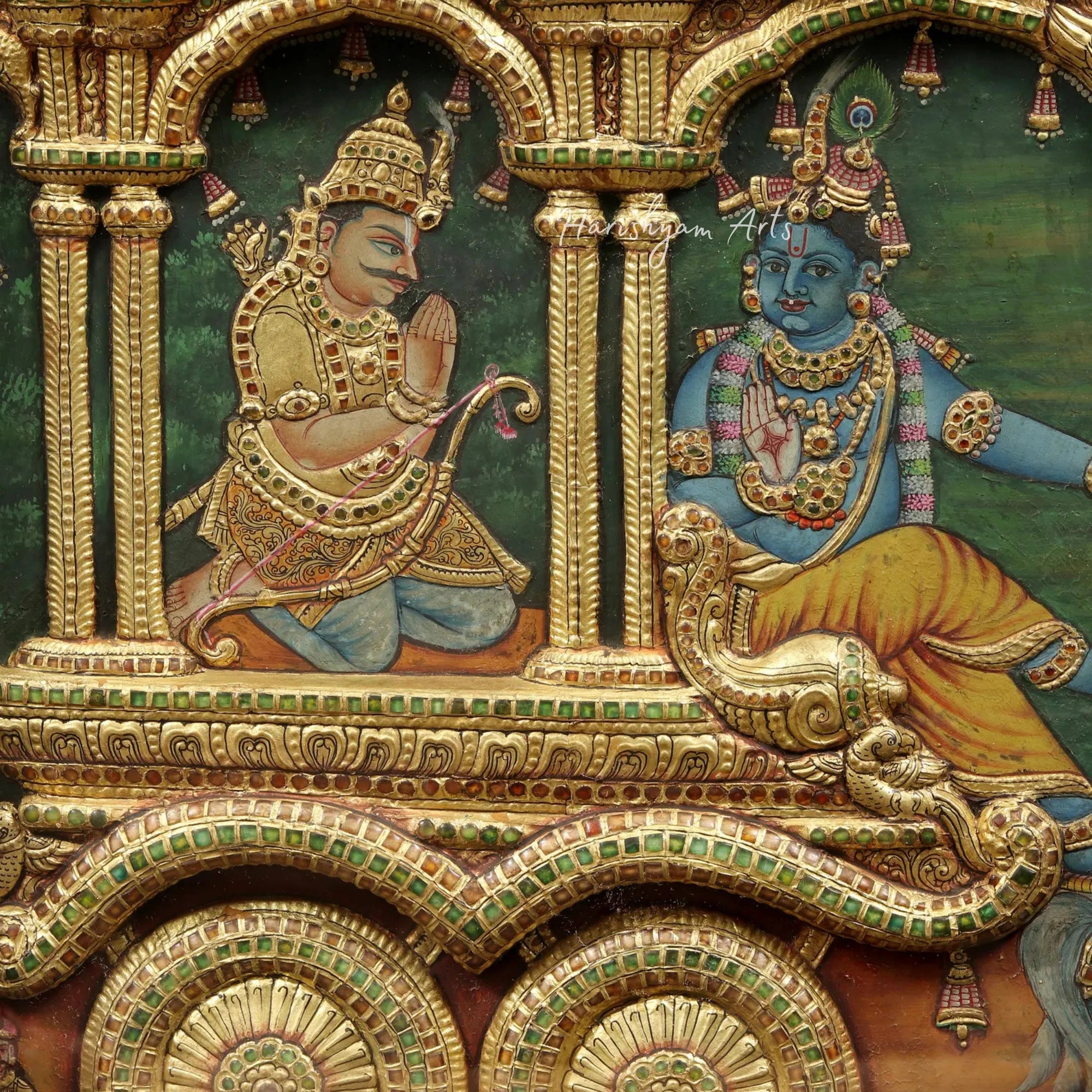 40" Geethopadesam Tanjore Painting with Embossed Detailing and Teakwood Frame