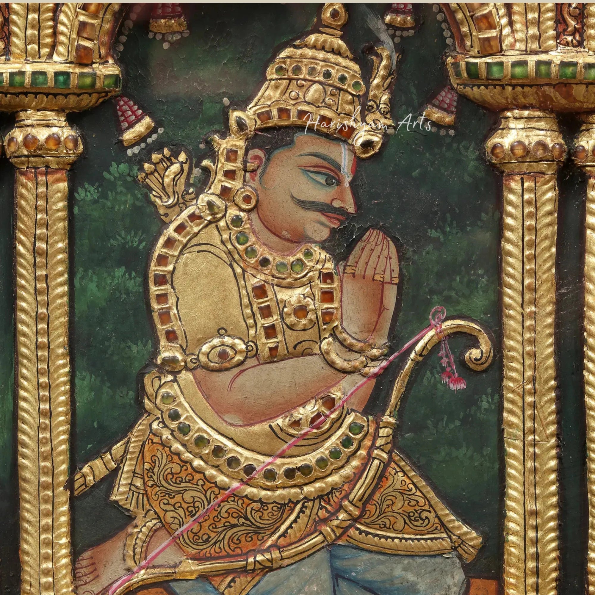 40" Geethopadesam Tanjore Painting with Embossed Detailing and Teakwood Frame