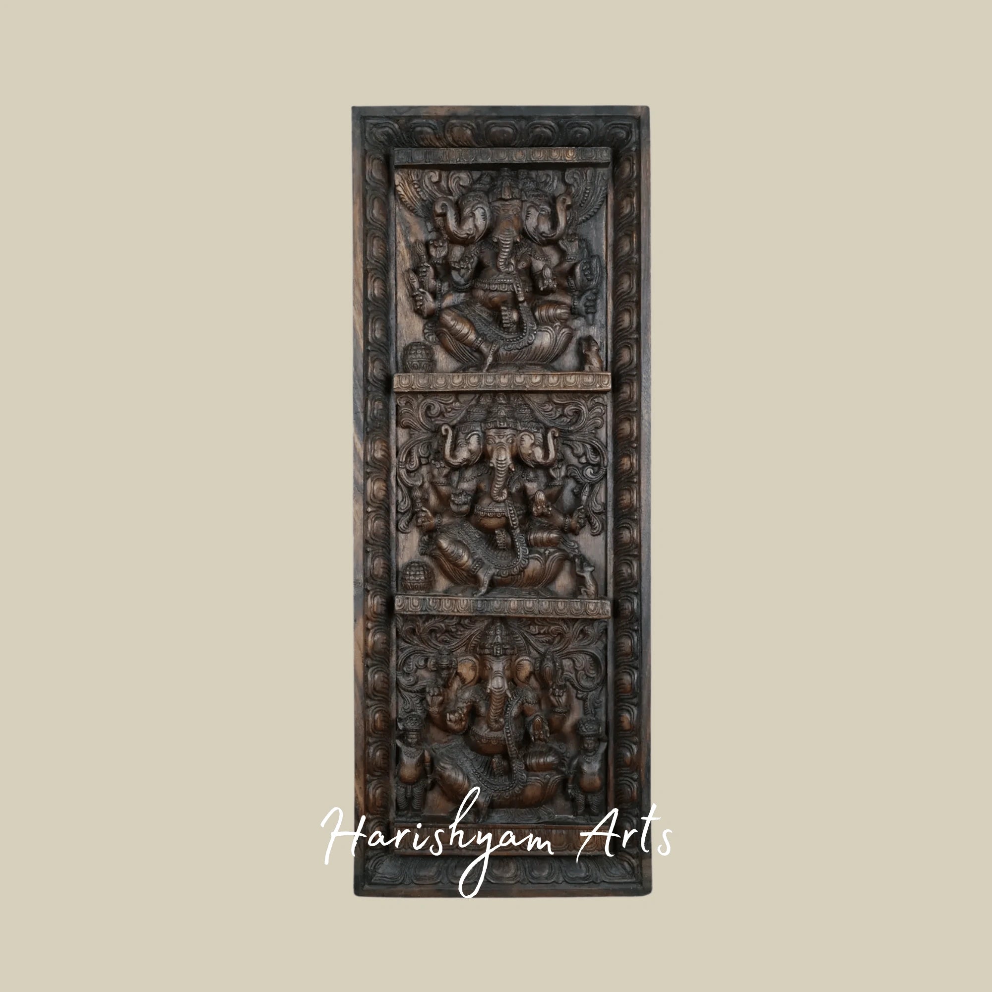 41" Three-Faced Ganesha Wooden Vaagai Wall Panel – Artistic Trinetra Ganpati Handcarved Décor