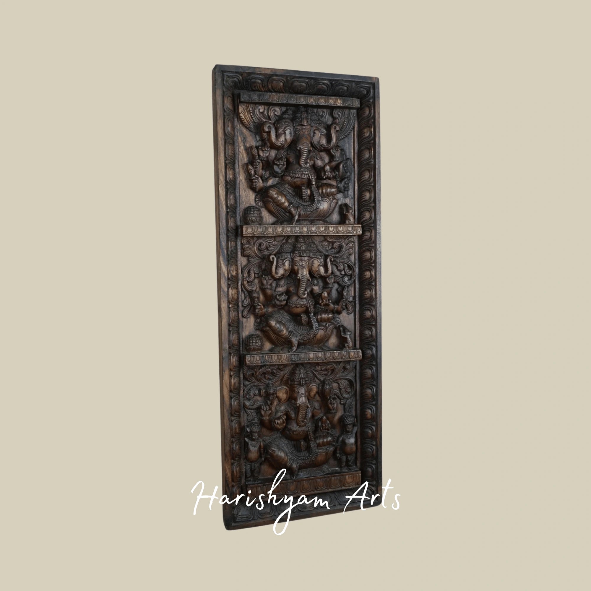 41" Three-Faced Ganesha Wooden Vaagai Wall Panel – Artistic Trinetra Ganpati Handcarved Décor