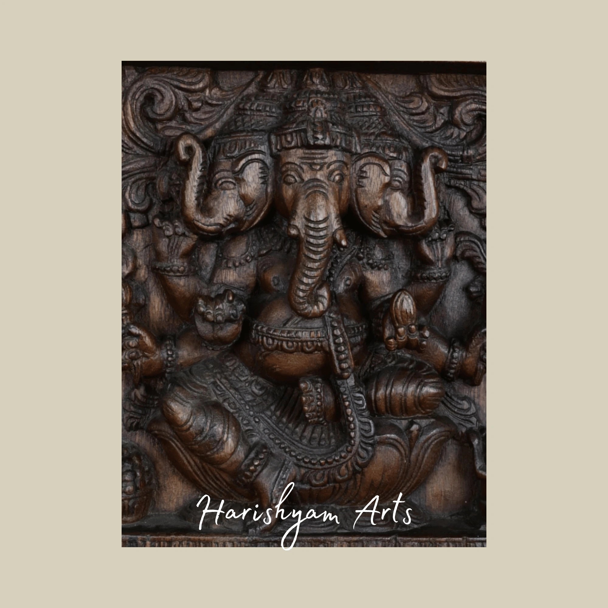 41" Three-Faced Ganesha Wooden Vaagai Wall Panel – Artistic Trinetra Ganpati Handcarved Décor