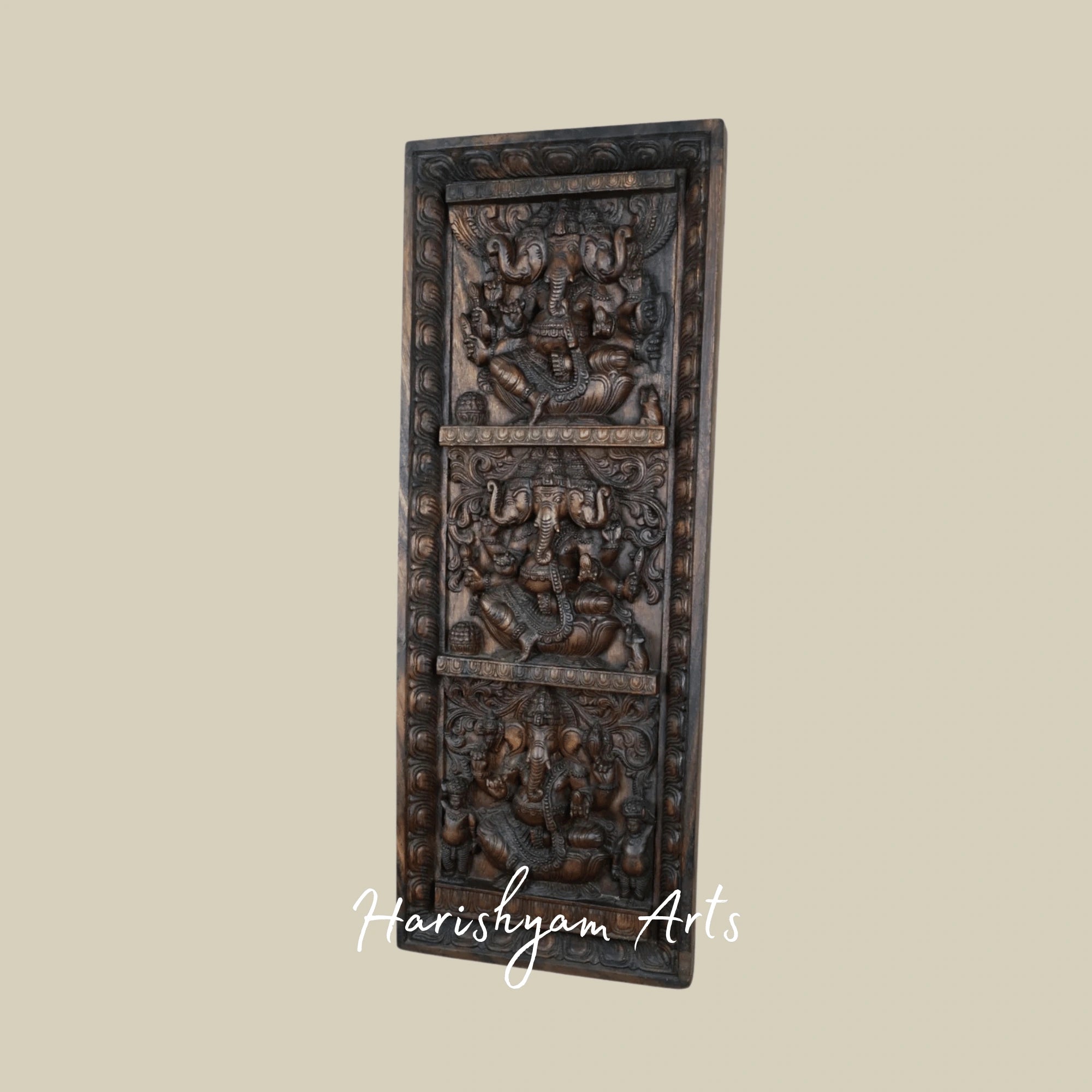 41" Three-Faced Ganesha Wooden Vaagai Wall Panel – Artistic Trinetra Ganpati Handcarved Décor