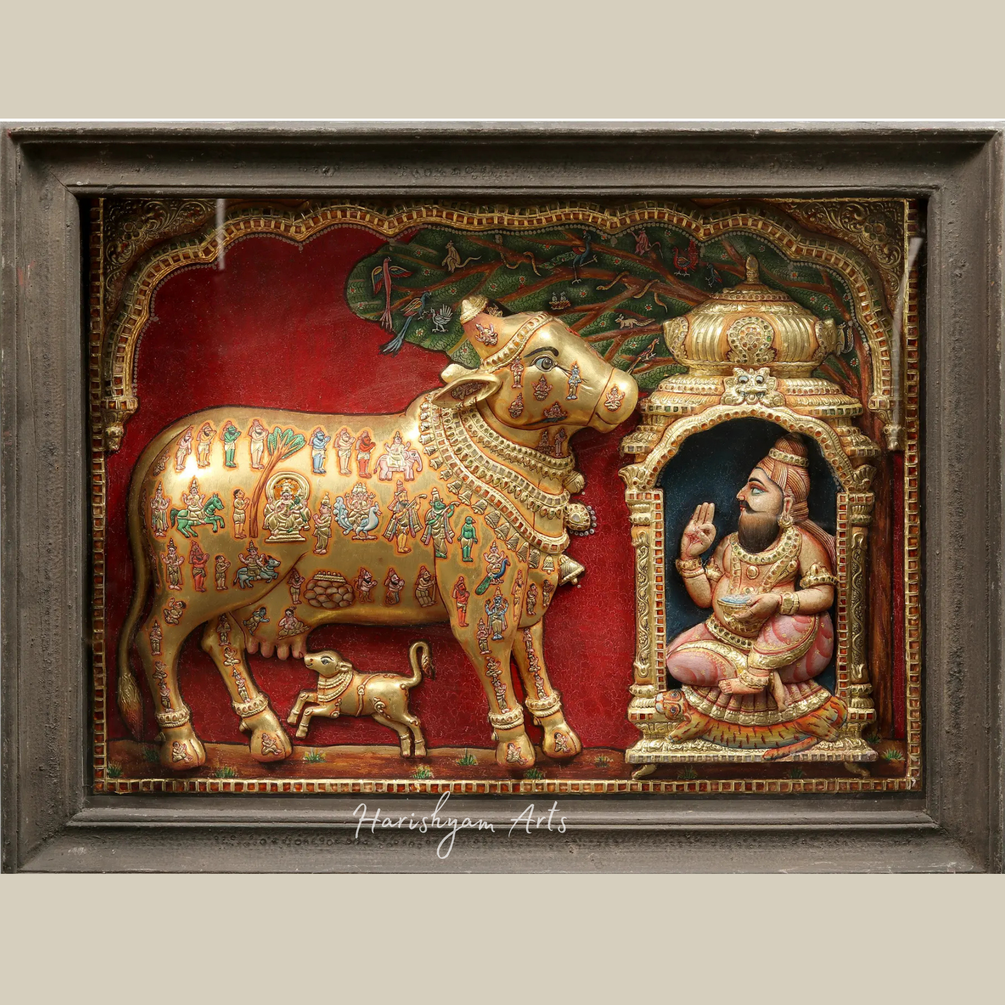 42" Kamadhenu Cow and Sage Vashista Tanjore Painting with 22K Gold Embossed Details