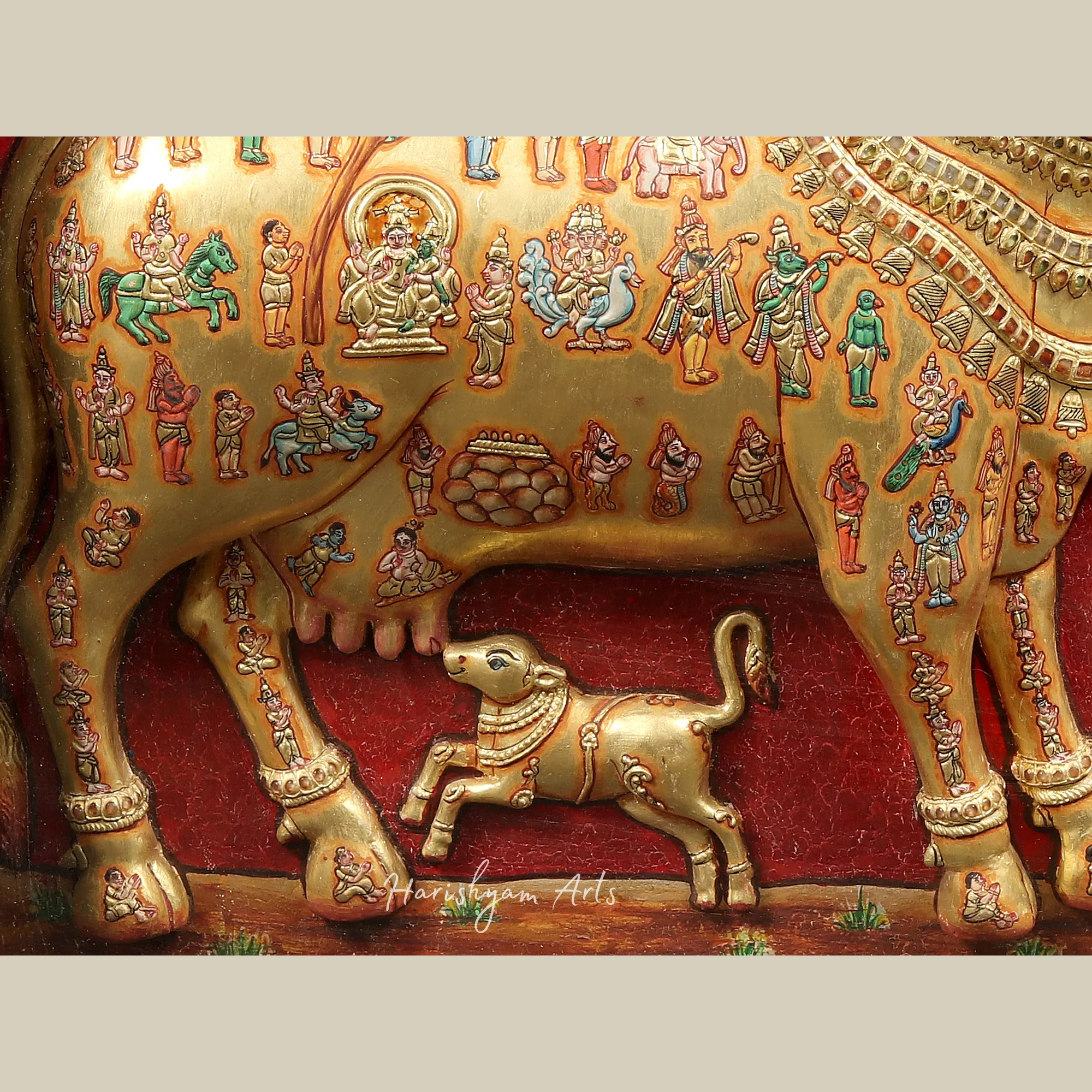 42" Kamadhenu Cow and Sage Vashista Tanjore Painting with 22K Gold Embossed Details