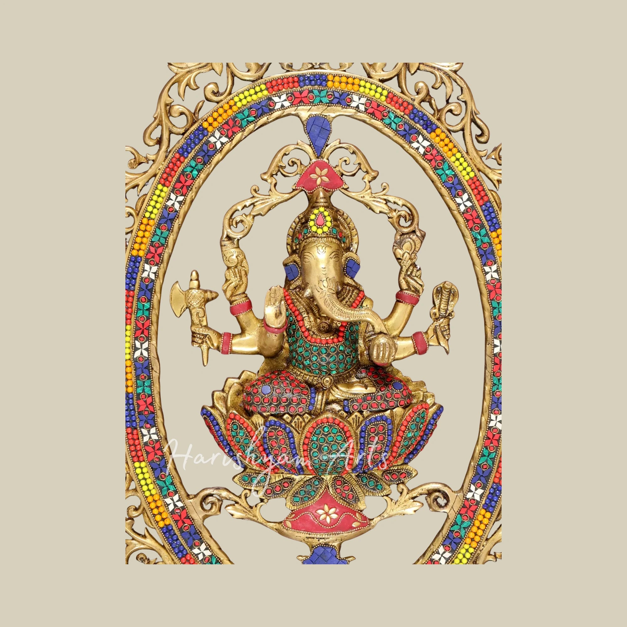 42" Large Brass Lord Ganesha Wall Decor with Intricate Inlay Detailing and Wooden Frame