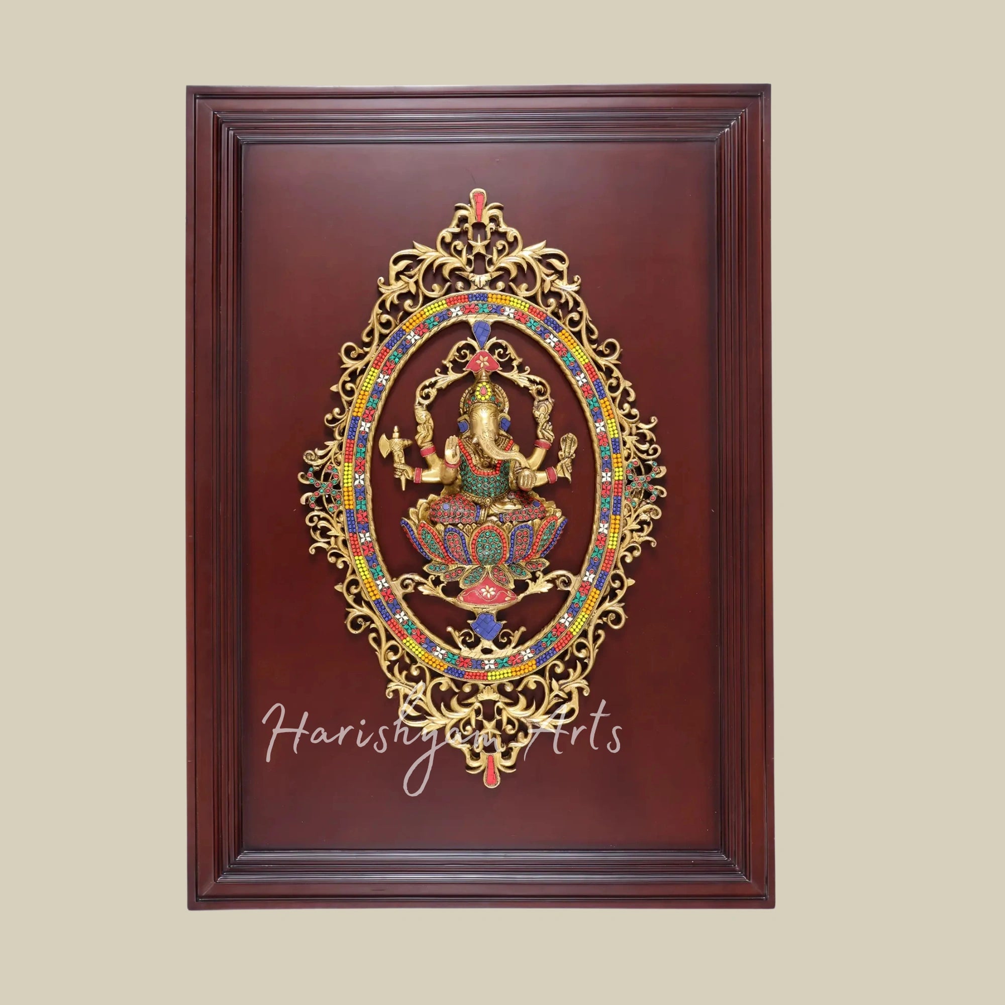 42" Large Brass Lord Ganesha Wall Decor with Intricate Inlay Detailing and Wooden Frame