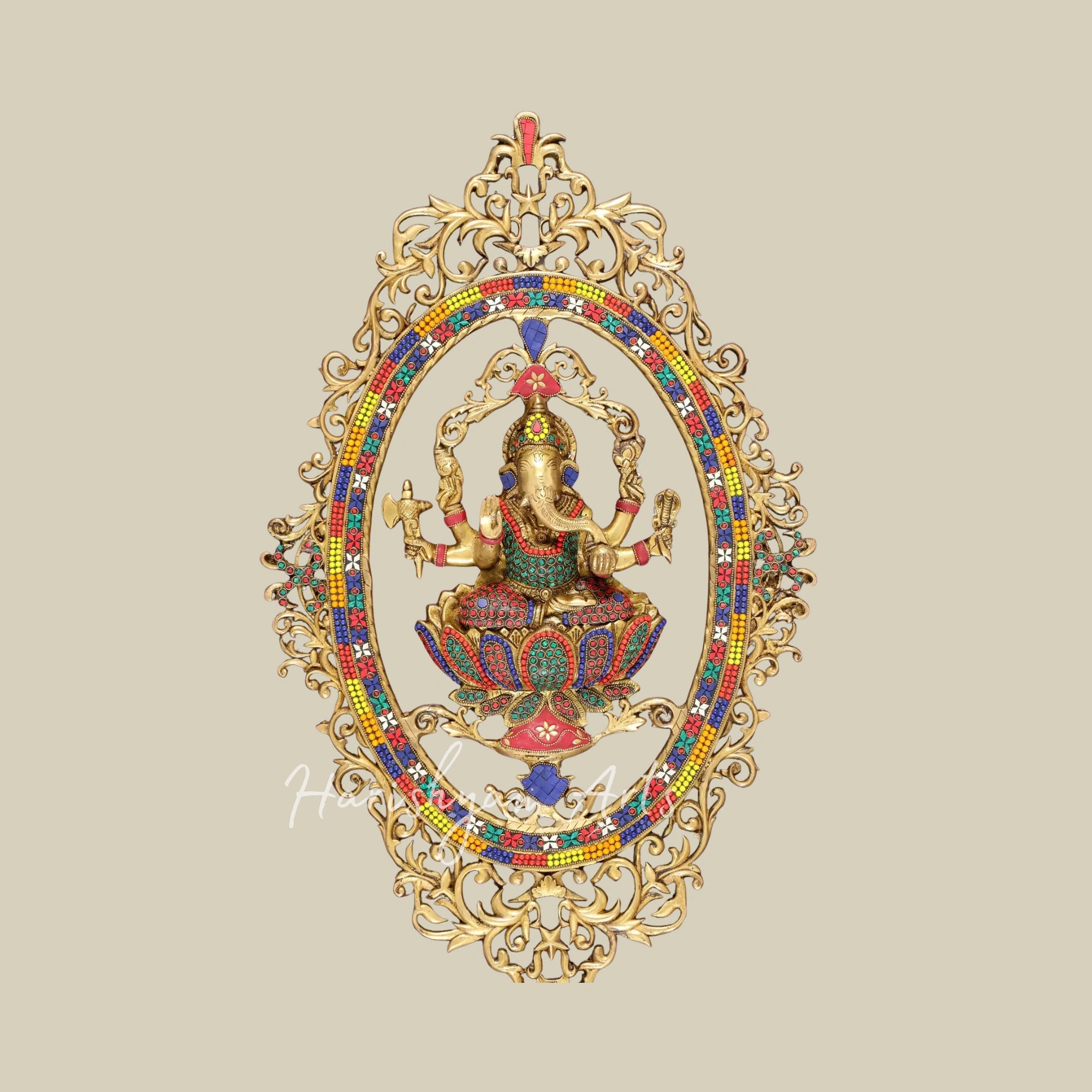 42" Large Brass Lord Ganesha Wall Decor with Intricate Inlay Detailing and Wooden Frame