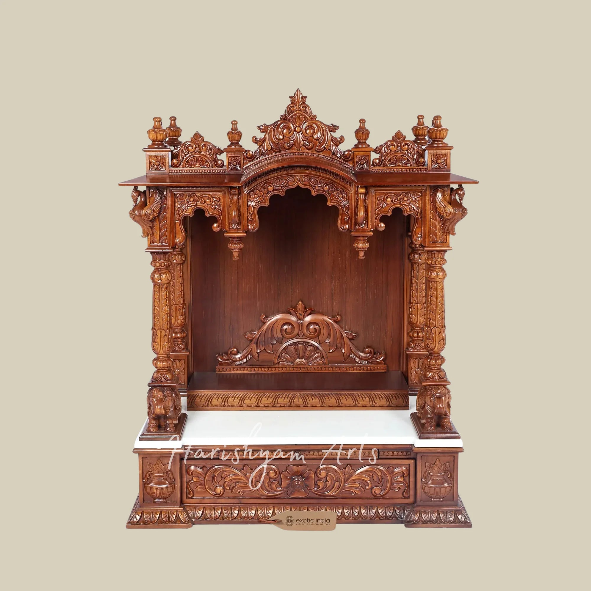 42" Large Teak Wooden Pooja Mandir with Ornate Crown Top and Traditional Carved Pillars for Home Worship