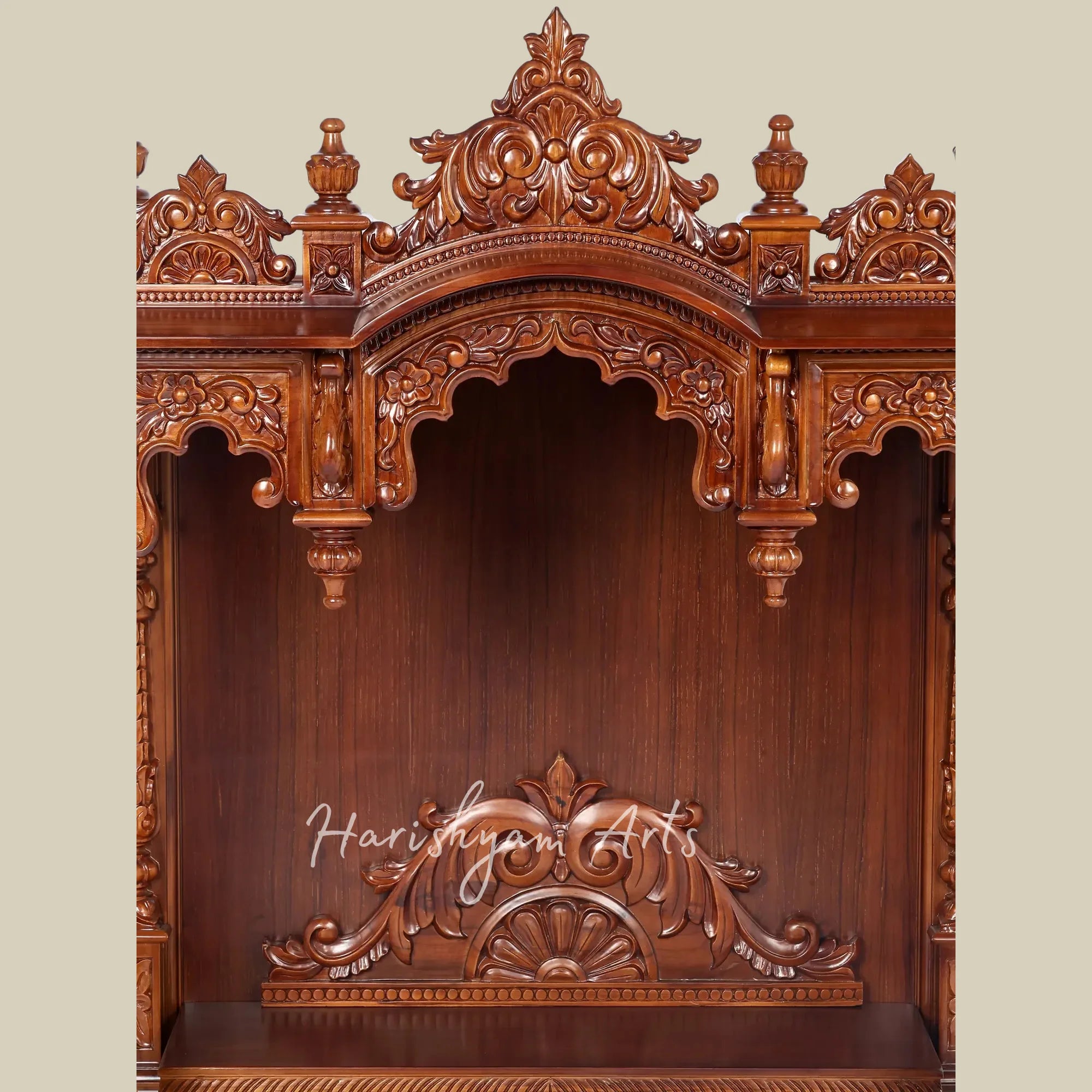 42" Large Teak Wooden Pooja Mandir with Ornate Crown Top and Traditional Carved Pillars for Home Worship