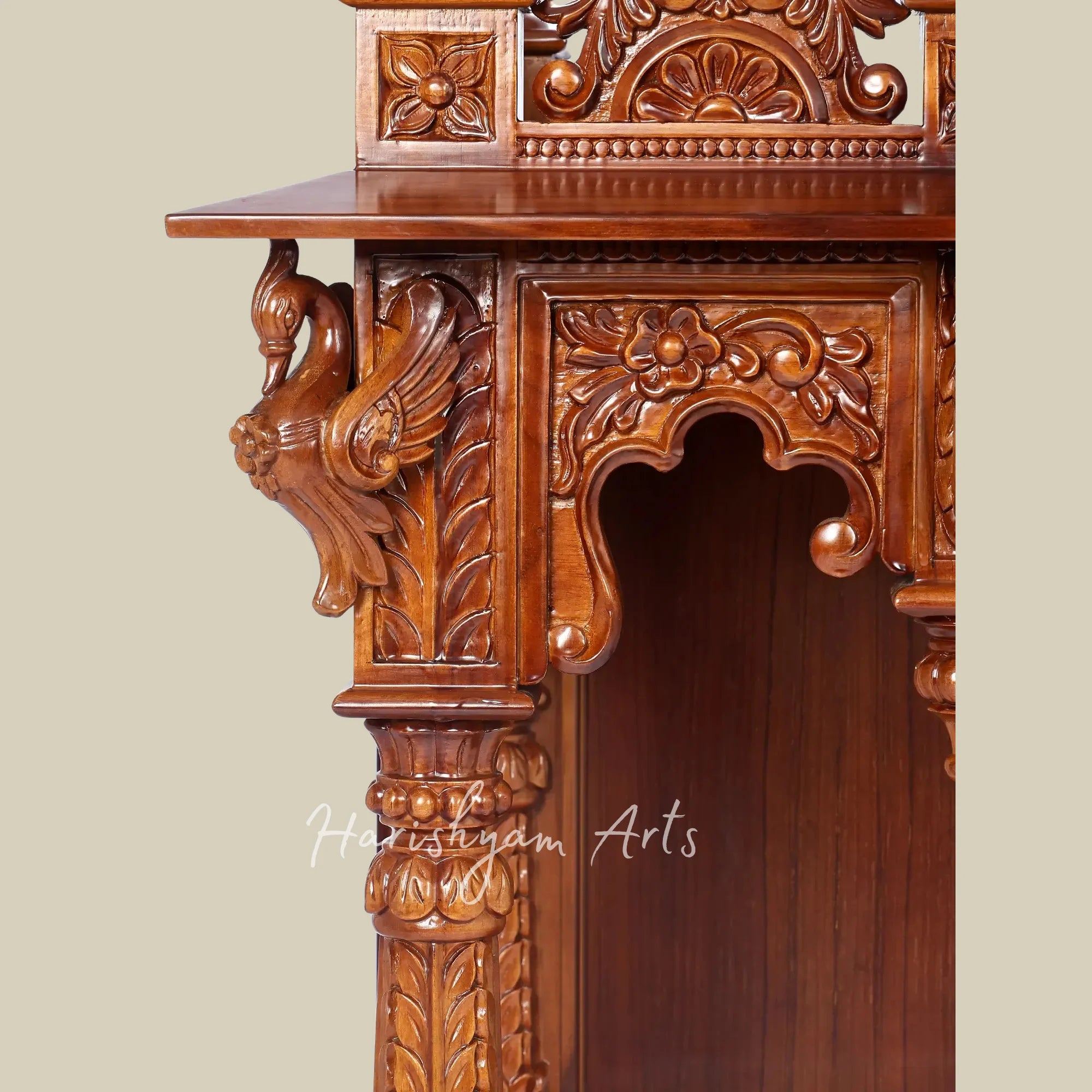 42" Large Teak Wooden Pooja Mandir with Ornate Crown Top and Traditional Carved Pillars for Home Worship