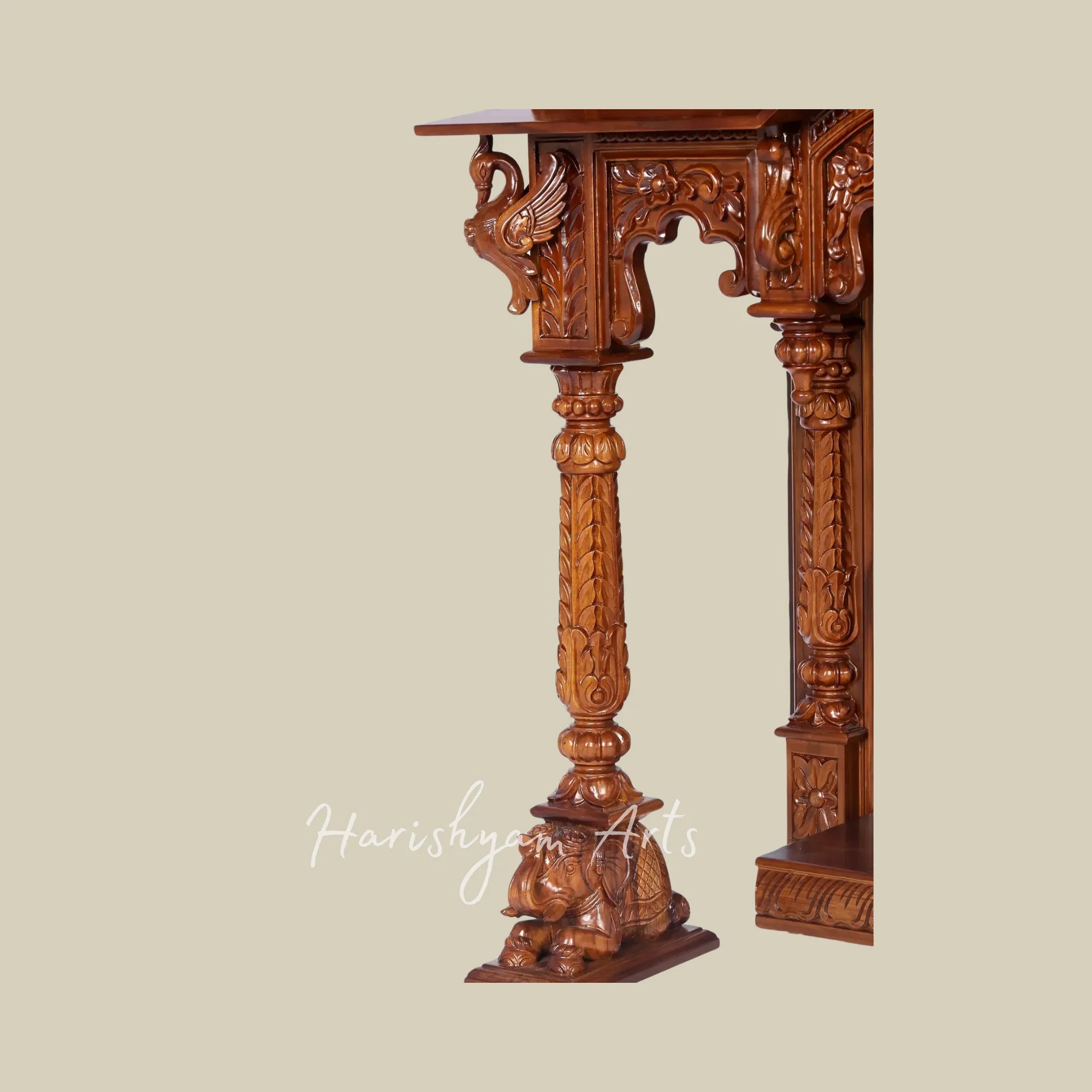 42" Large Teak Wooden Pooja Mandir with Ornate Crown Top and Traditional Carved Pillars for Home Worship