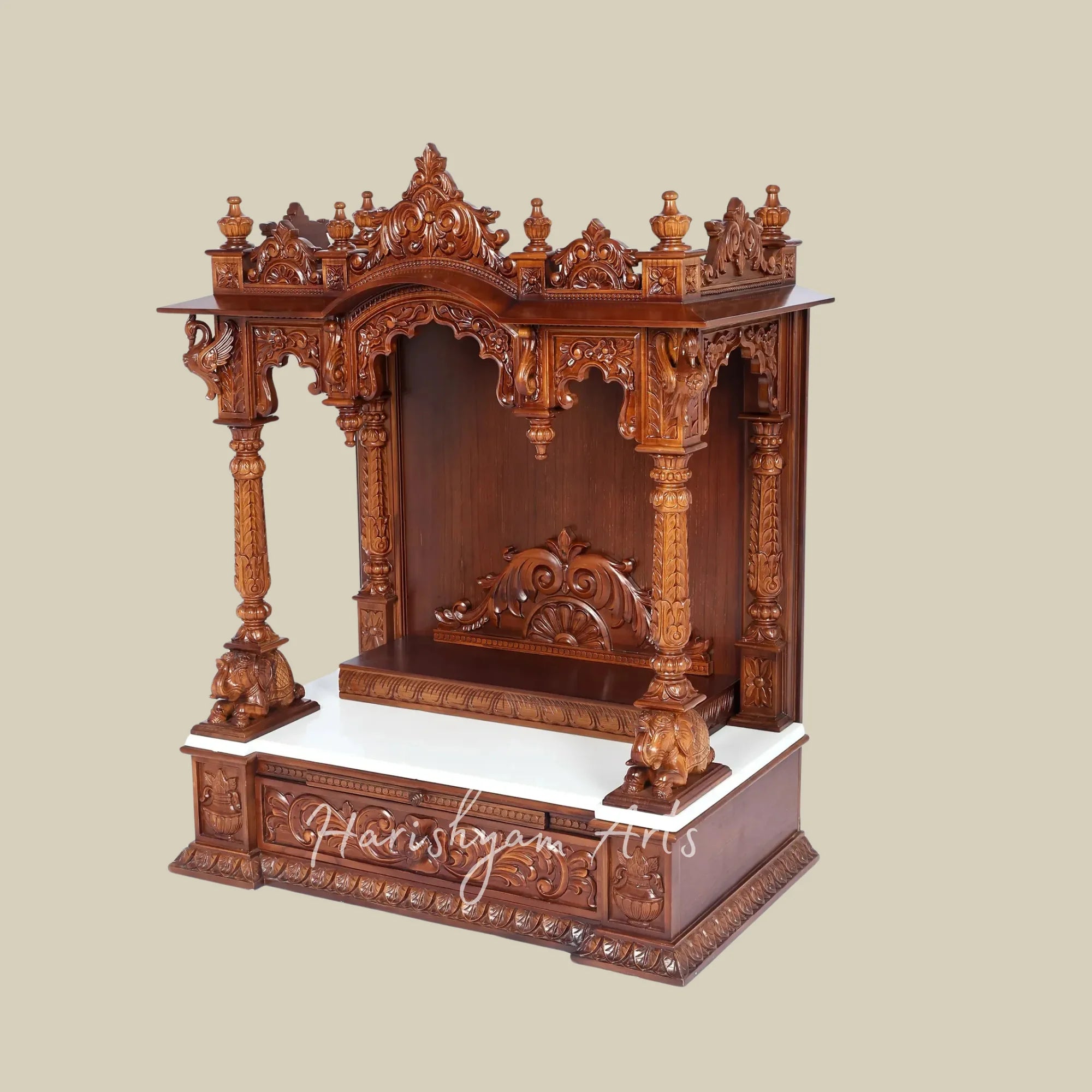 42" Large Teak Wooden Pooja Mandir with Ornate Crown Top and Traditional Carved Pillars for Home Worship