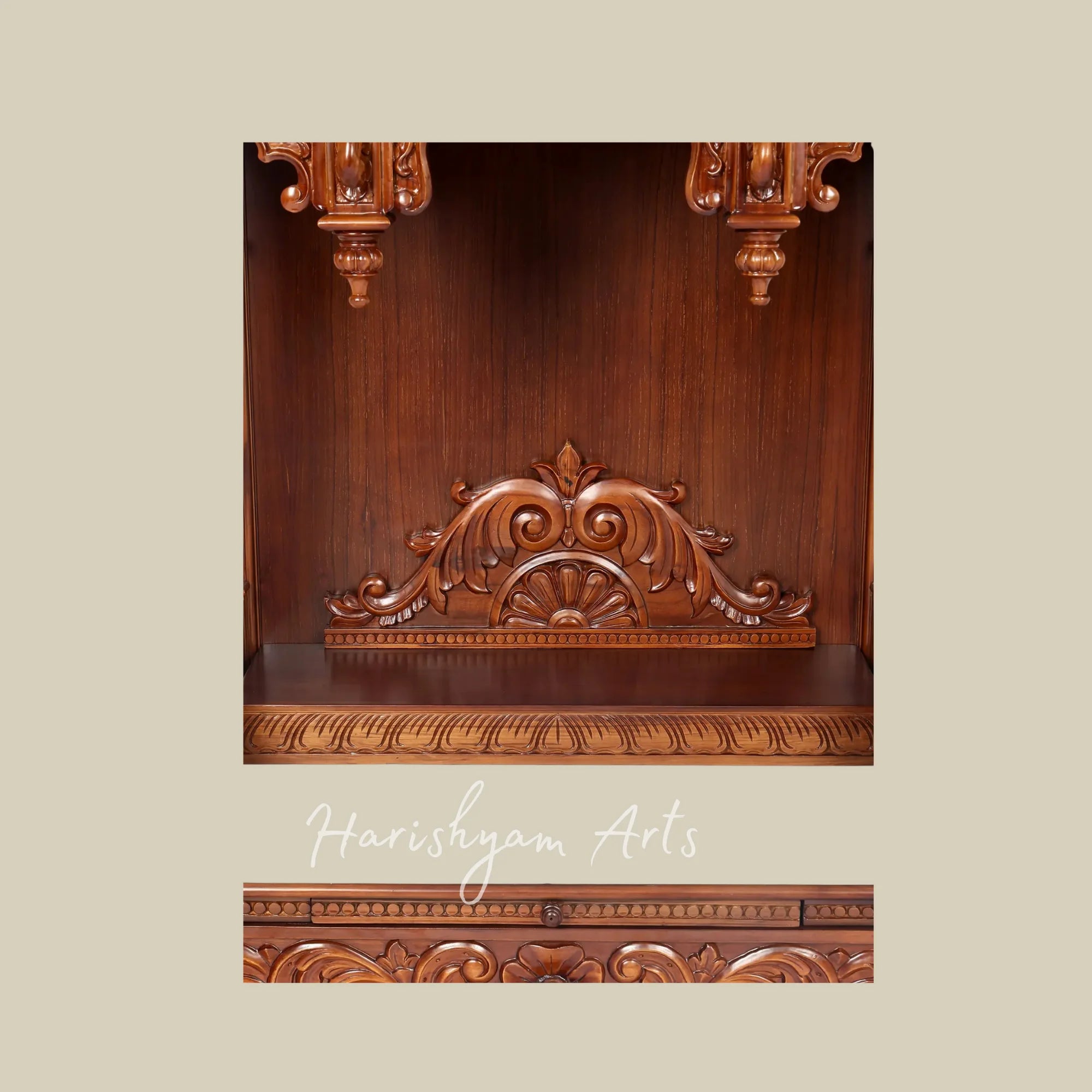42" Large Teak Wooden Pooja Mandir with Ornate Crown Top and Traditional Carved Pillars for Home Worship