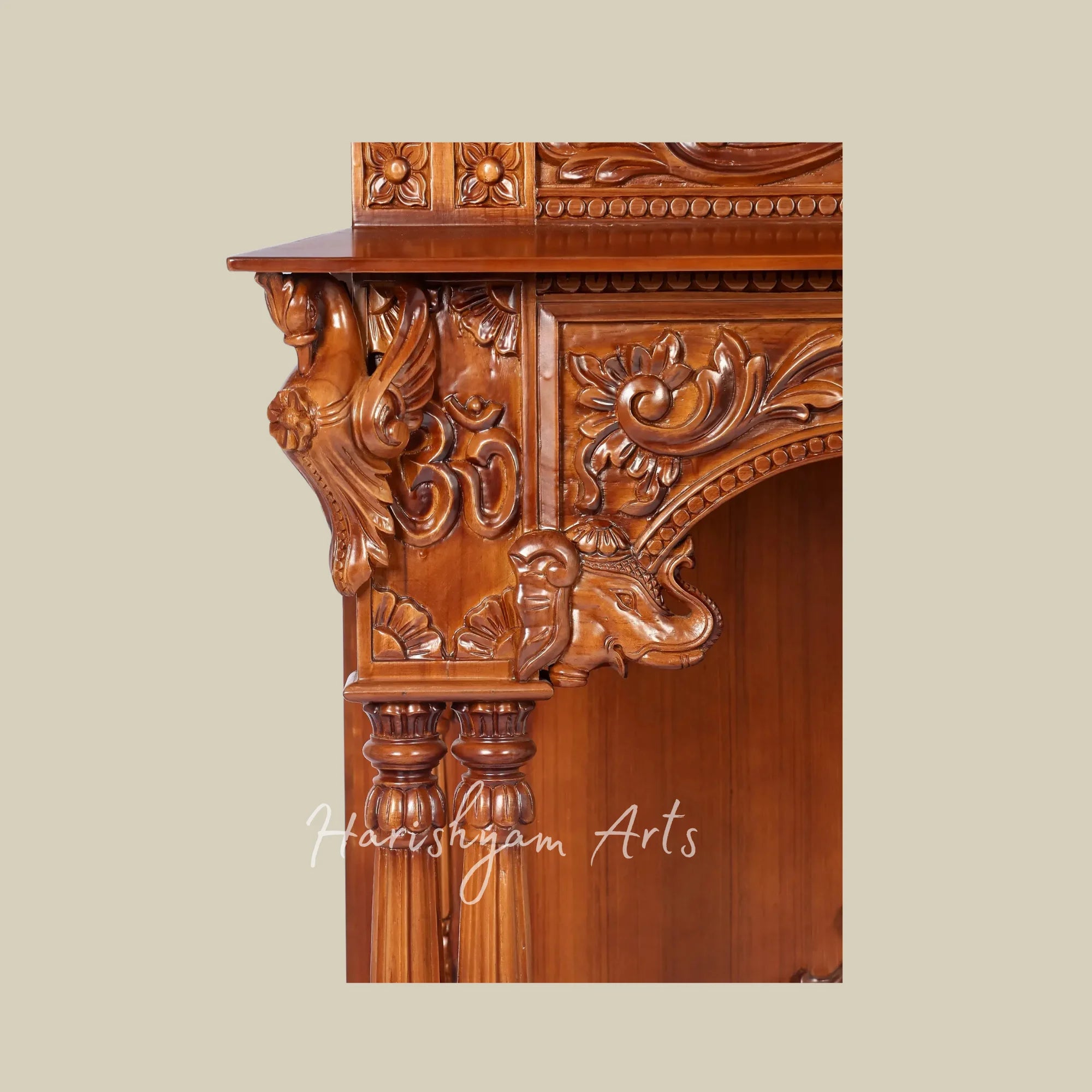 42" Large Teak Wooden Pooja Mandir with Ornate Crown Top and Traditional Carved Pillars for Home Worship